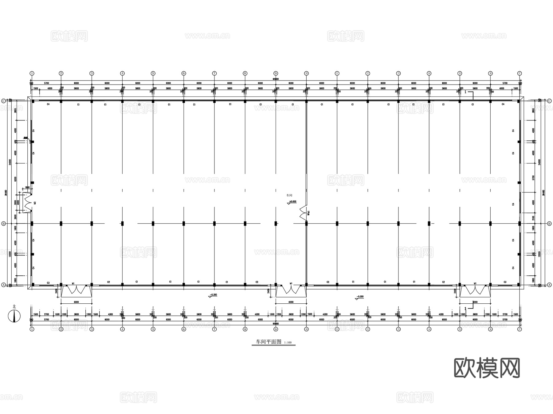 丙类连跨车间厂房工业建筑CAD施工图cad施工图