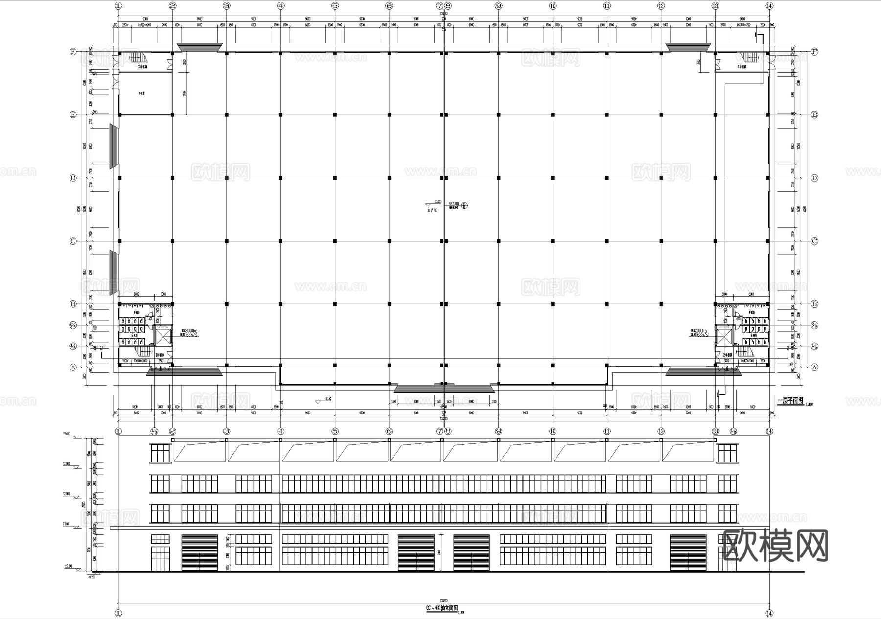 三层生产车间厂房工业建筑cad施工图
