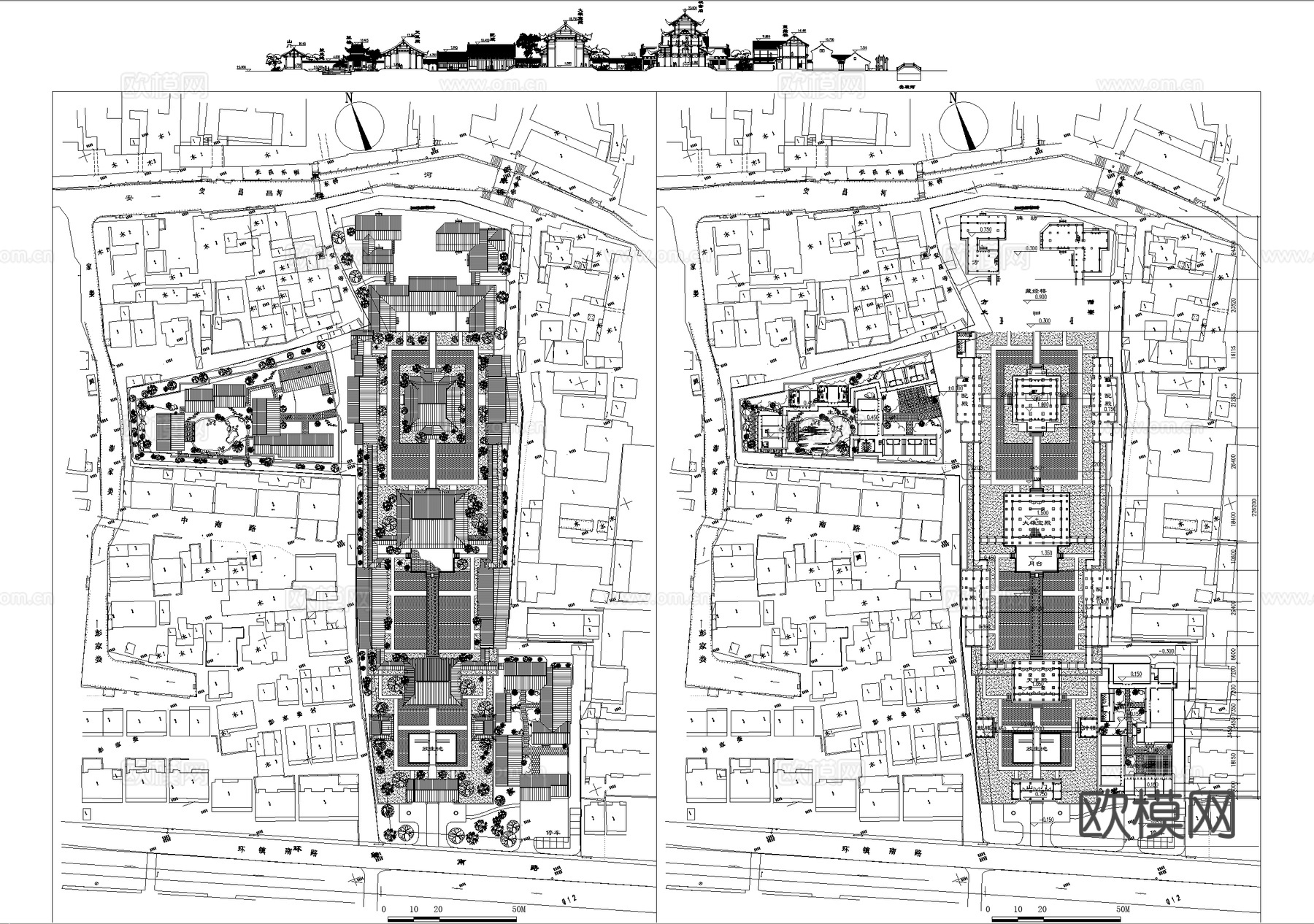 寺庙 总平面图 剖立面图cad施工图