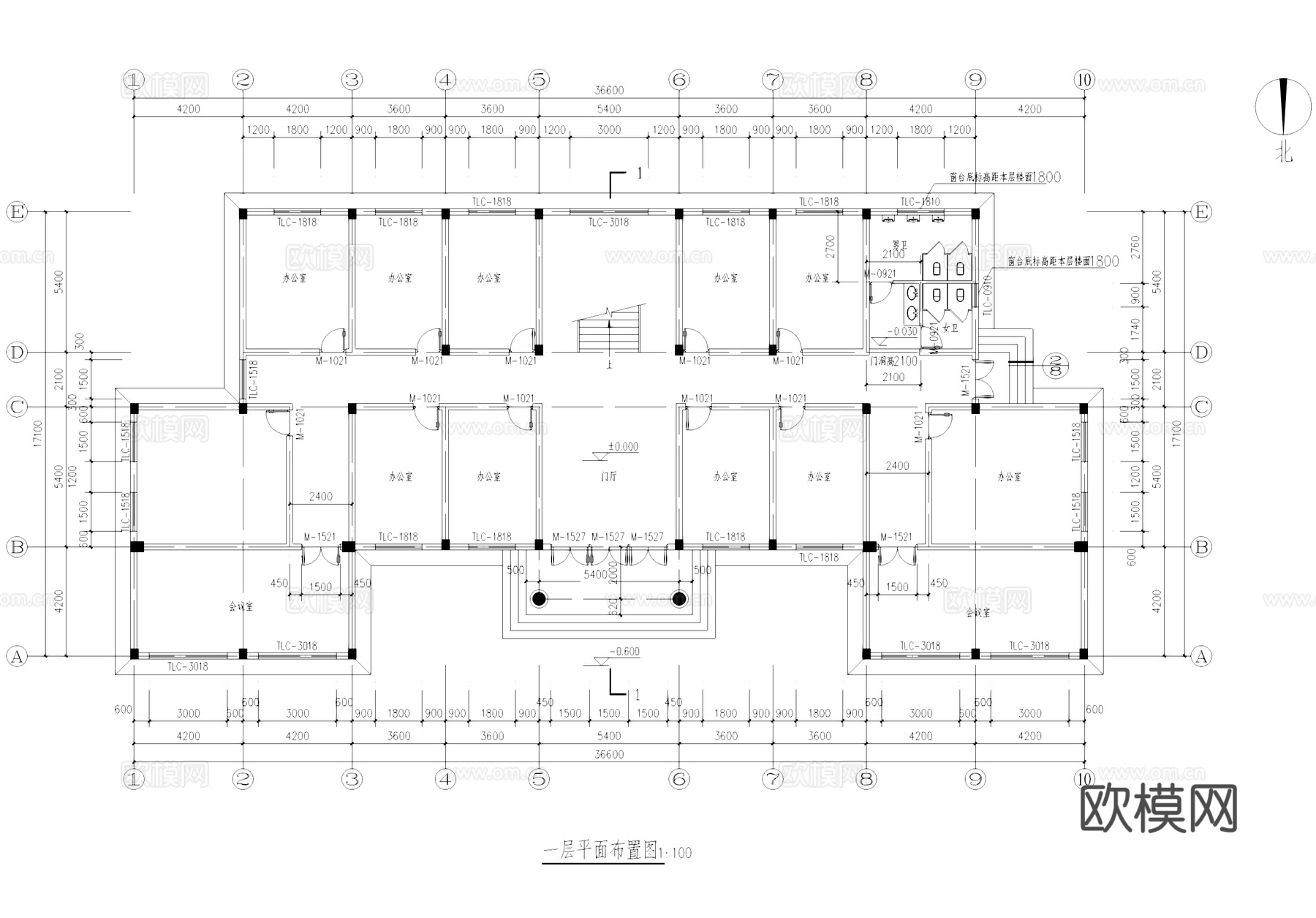 欧式坡屋顶办公楼建筑CAD施工图cad施工图