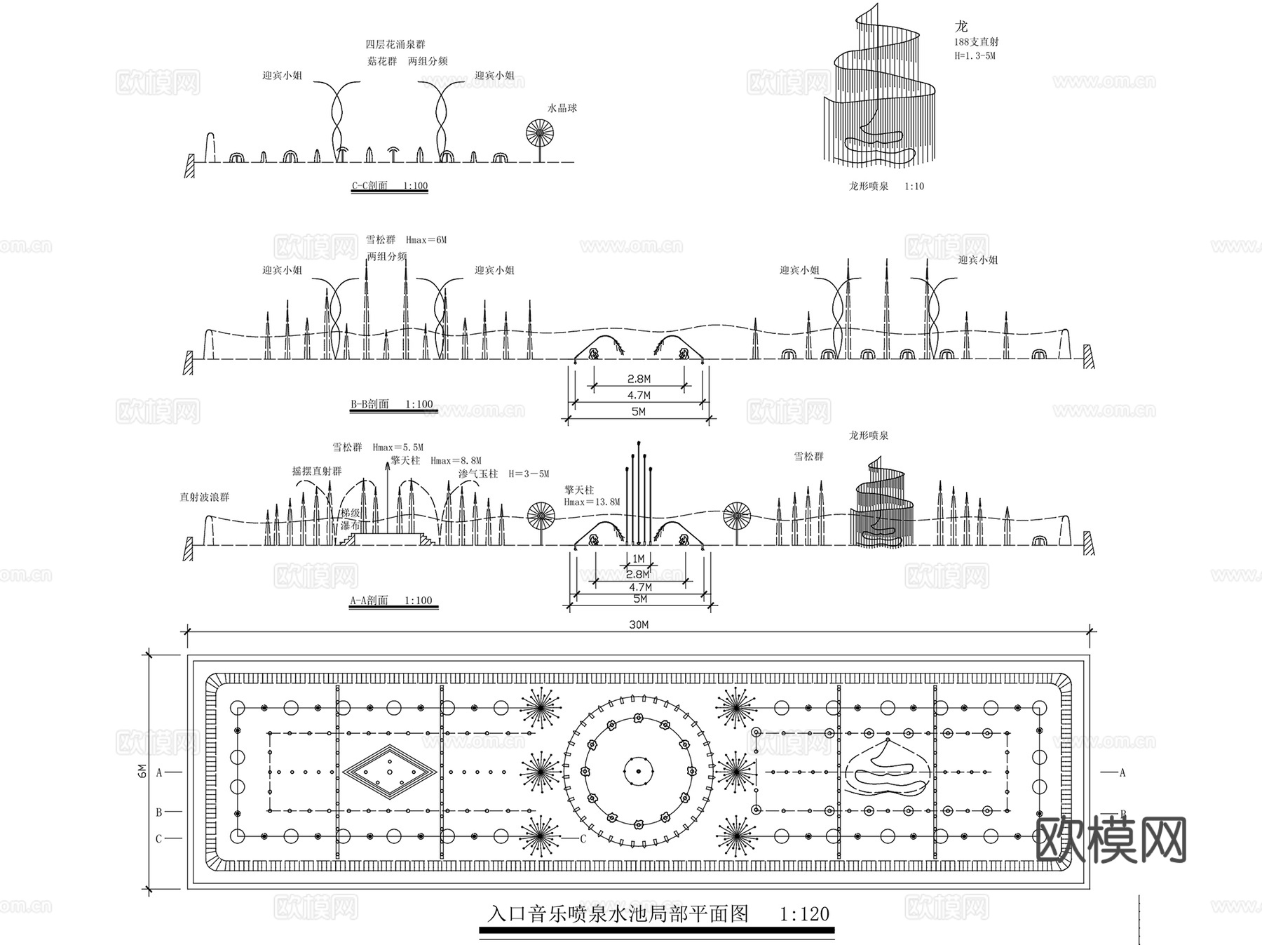 音乐喷泉水池平立剖面CAD施工图cad施工图