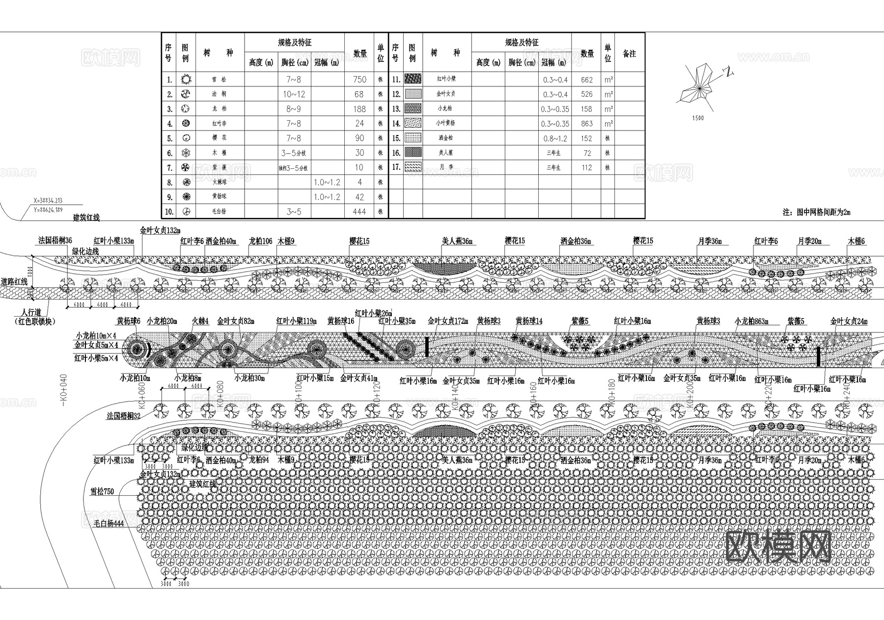 道路绿化 景观植物种植配置 平面图 苗木表cad施工图