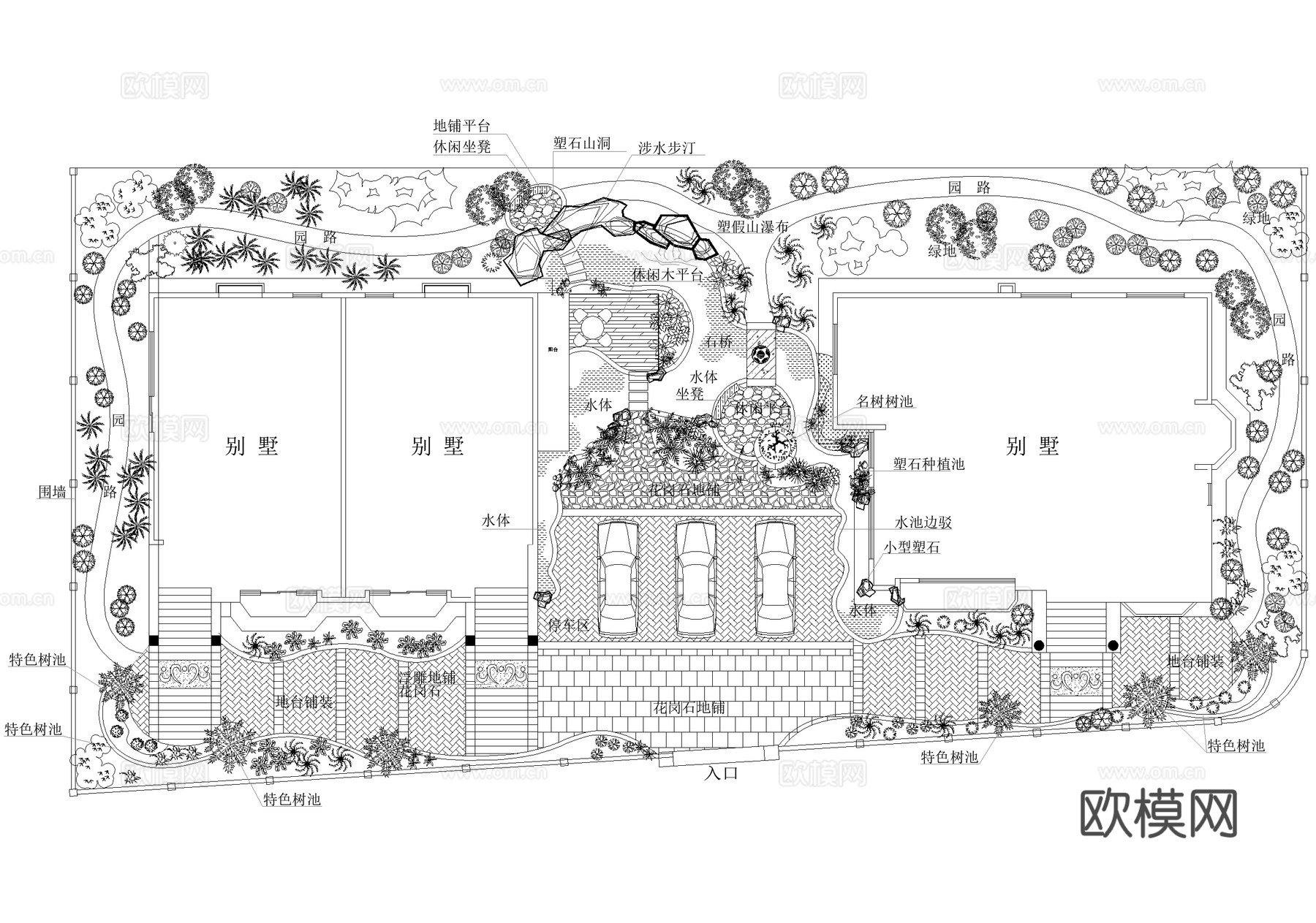 别墅庭院景观平面图cad施工图