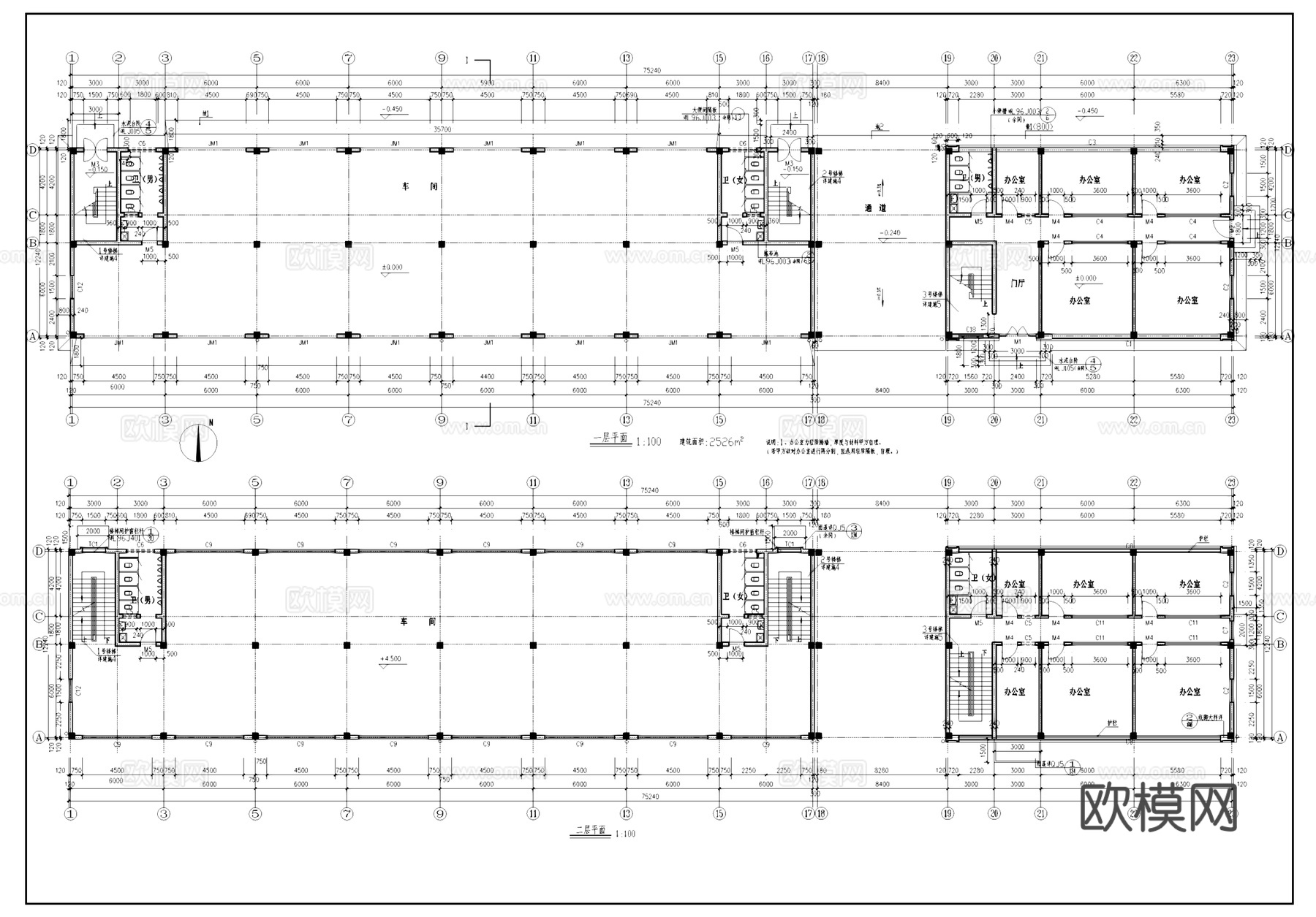 多层车间厂房办公宿舍工业建筑CAD施工图cad施工图