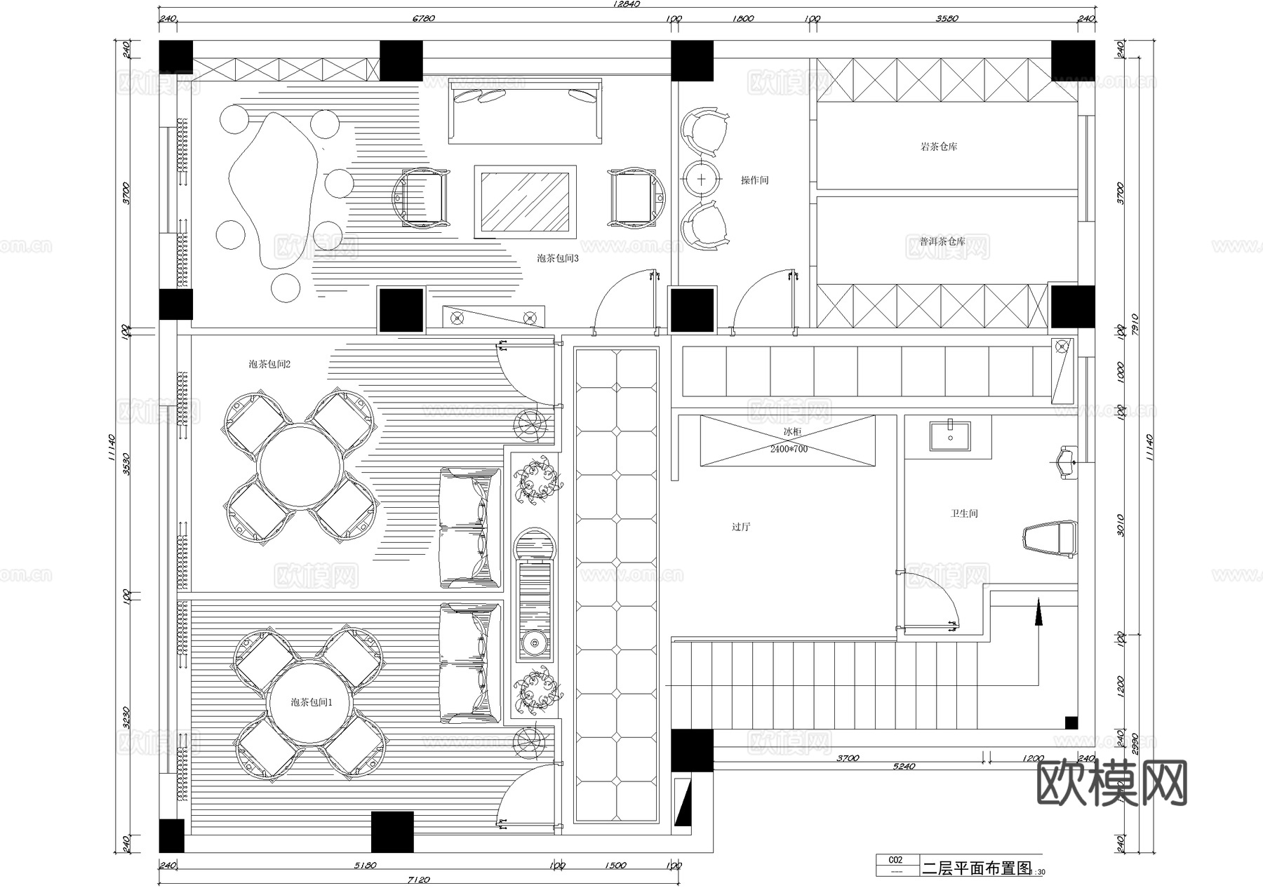 茶馆 二层茶叶店茶室 茶楼 茶吧平面系统图cad施工图