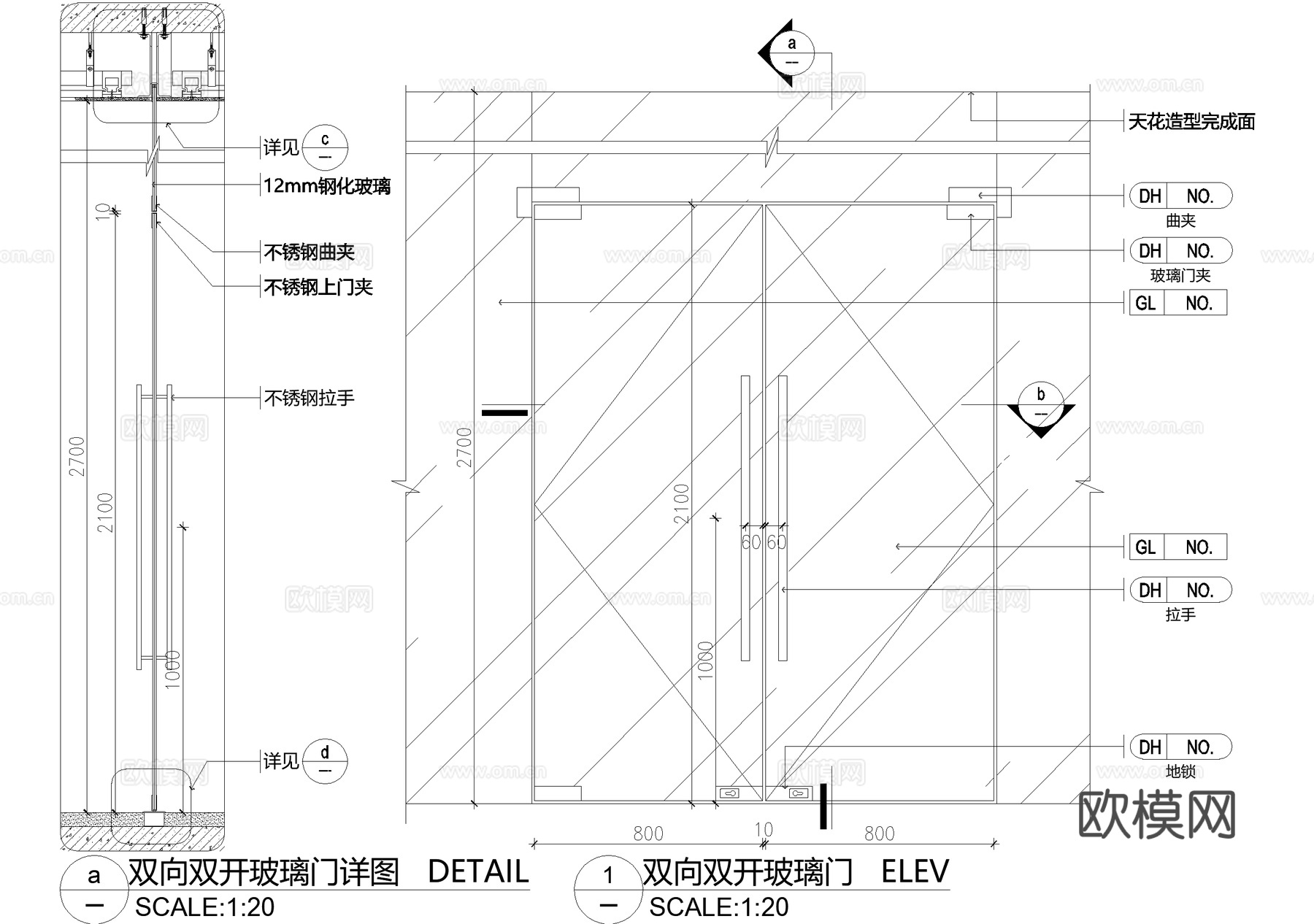 钢化玻璃门 双向双开门cad施工图