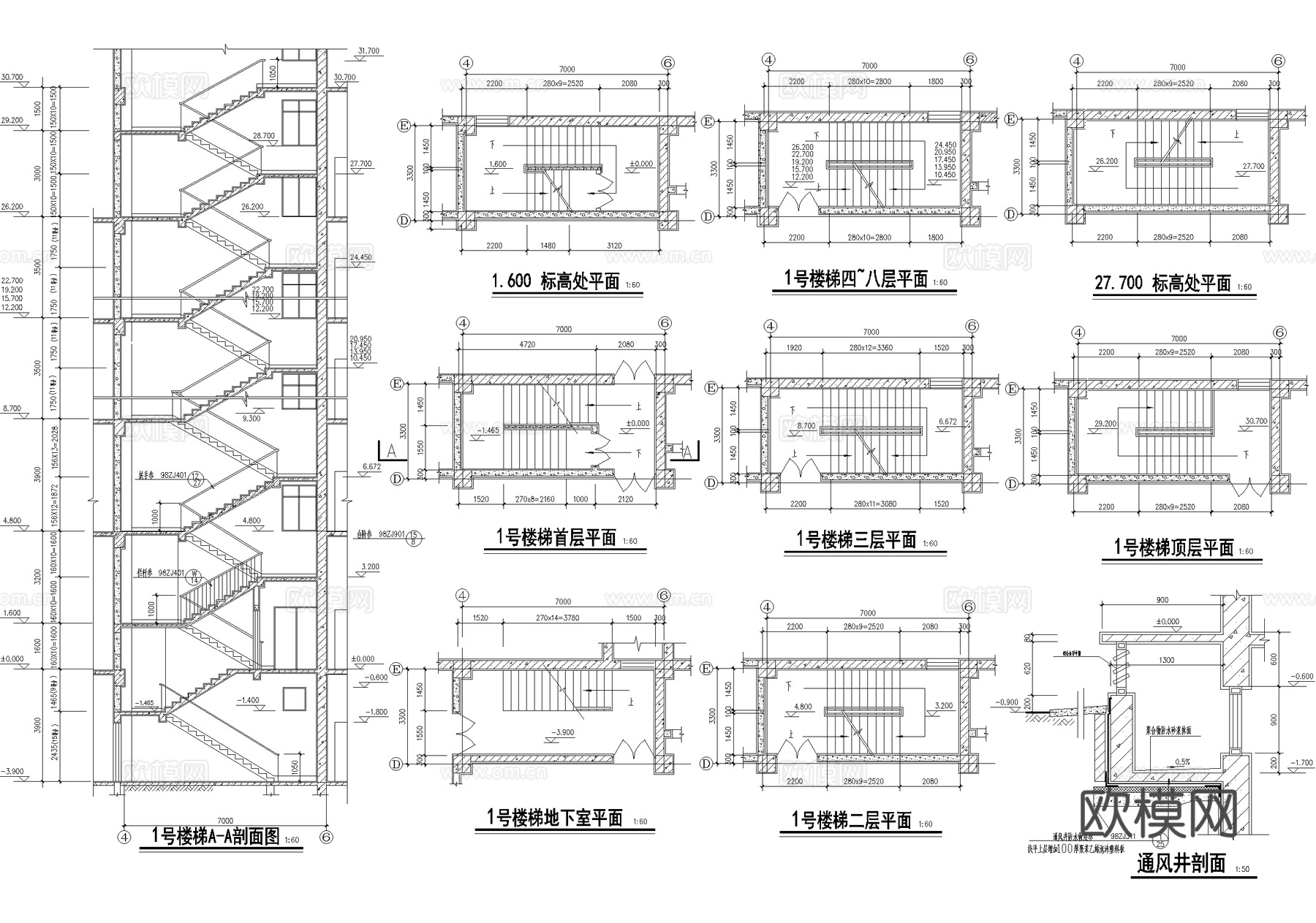 双跑楼梯节点 通风井cad施工图