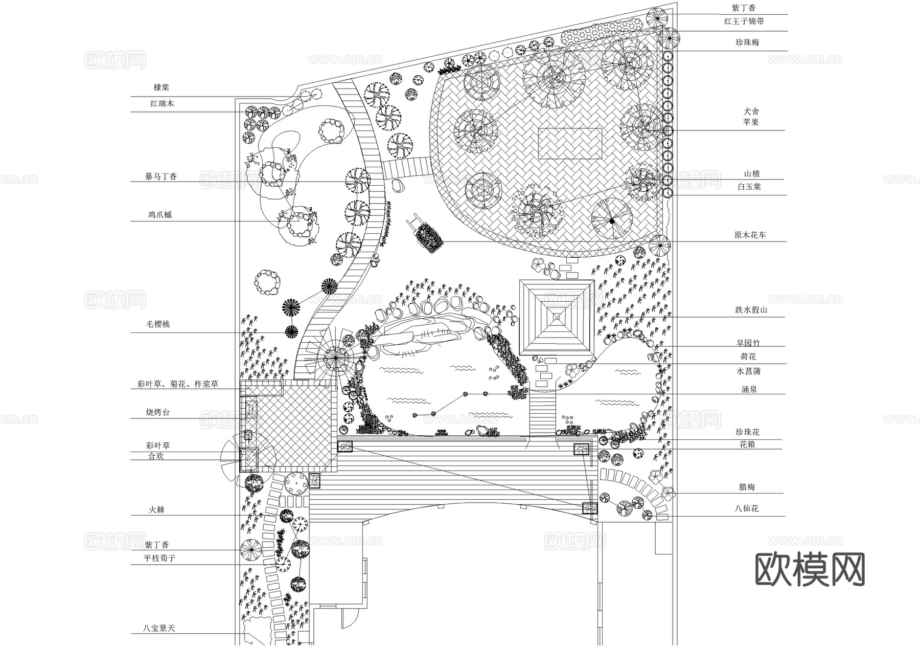 别墅庭院景观平面图 植物种植绿化配置cad施工图