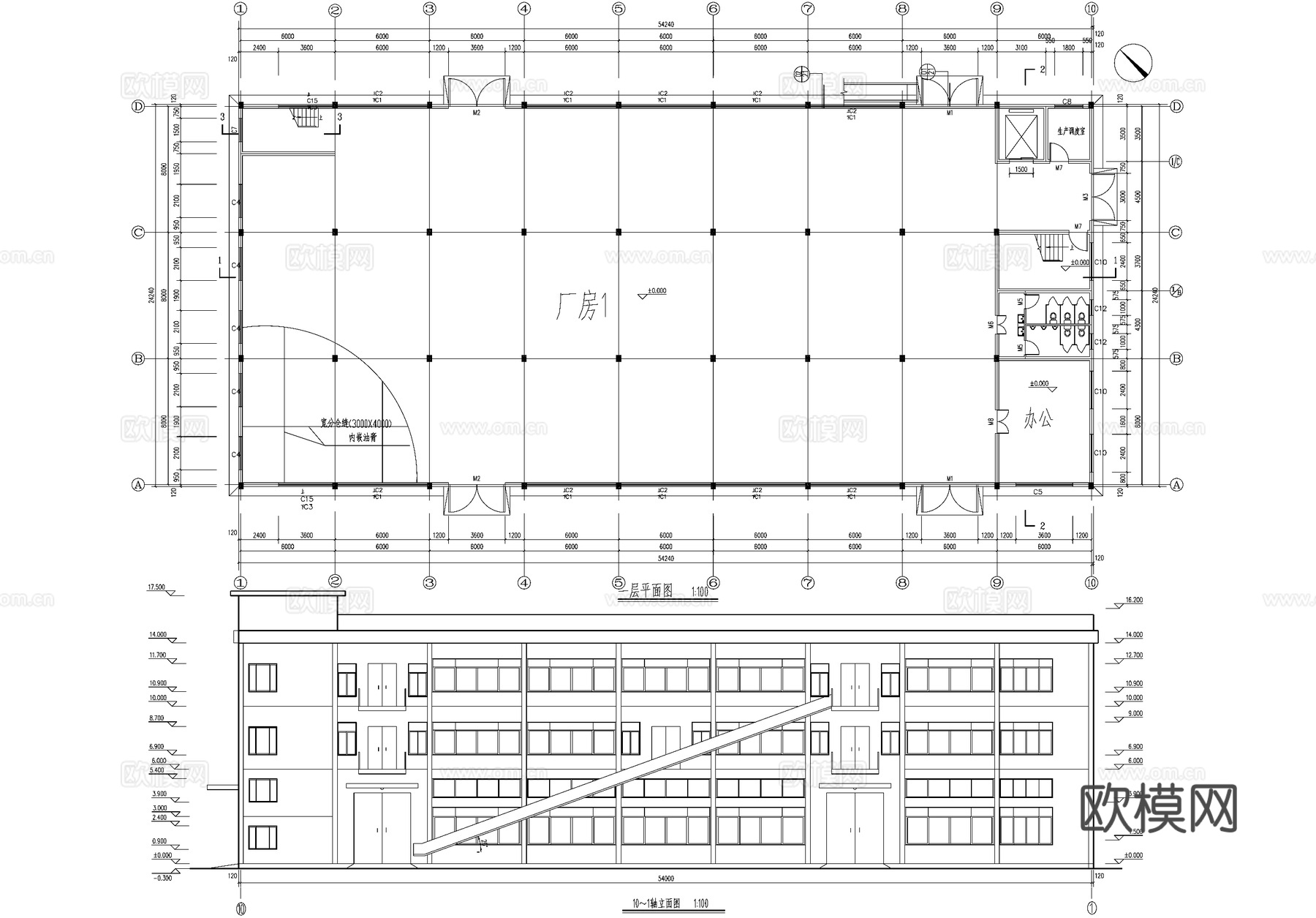 三层框排架车间厂房丁类工业建筑cad施工图