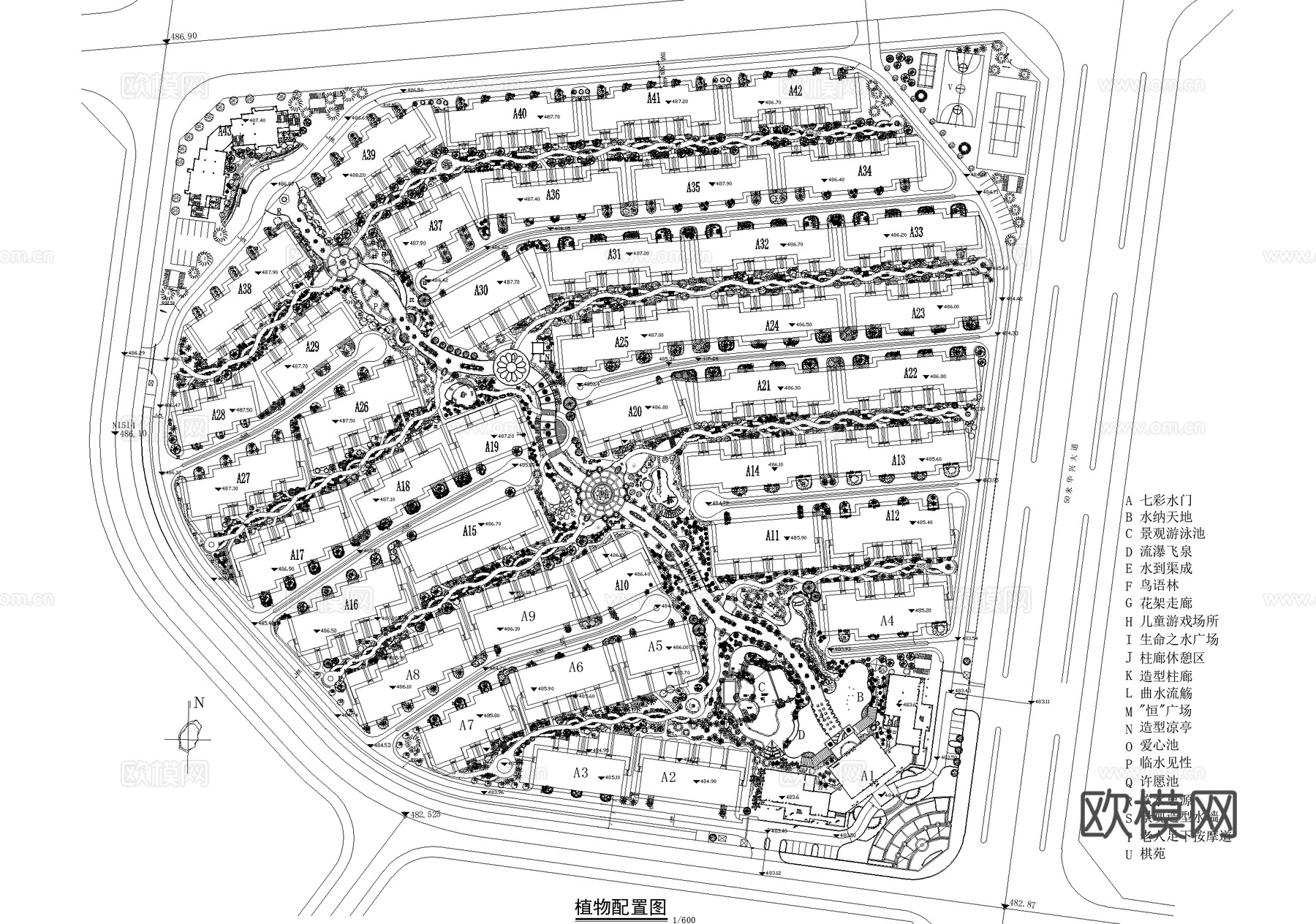 居住区景观 植物绿化平面图 私家花园庭院 植物配置图cad施工图