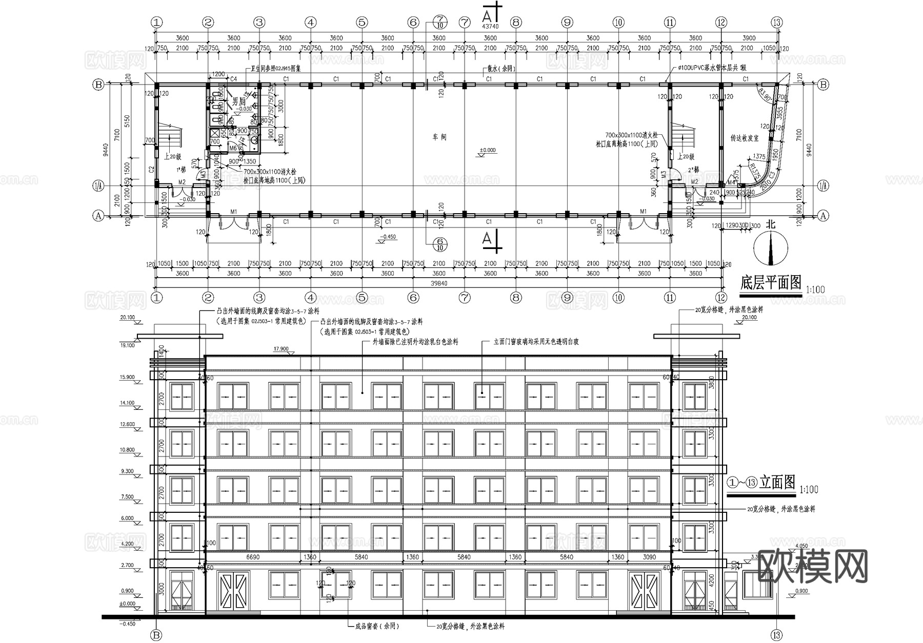 五层车间厂房工业建筑CAD施工图cad施工图