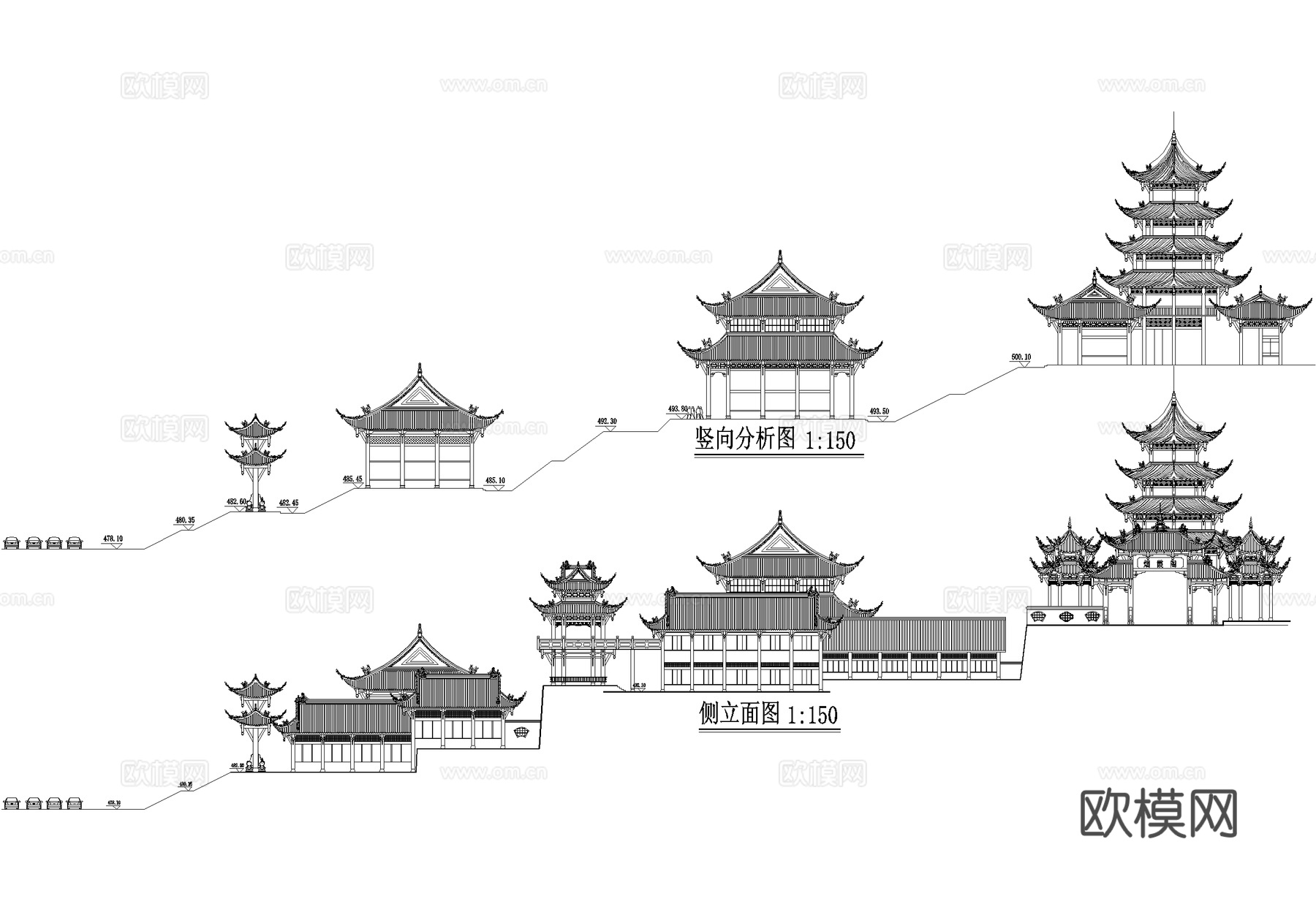 寺庙 山地仿古建筑 总平面规划图 侧立面图cad施工图