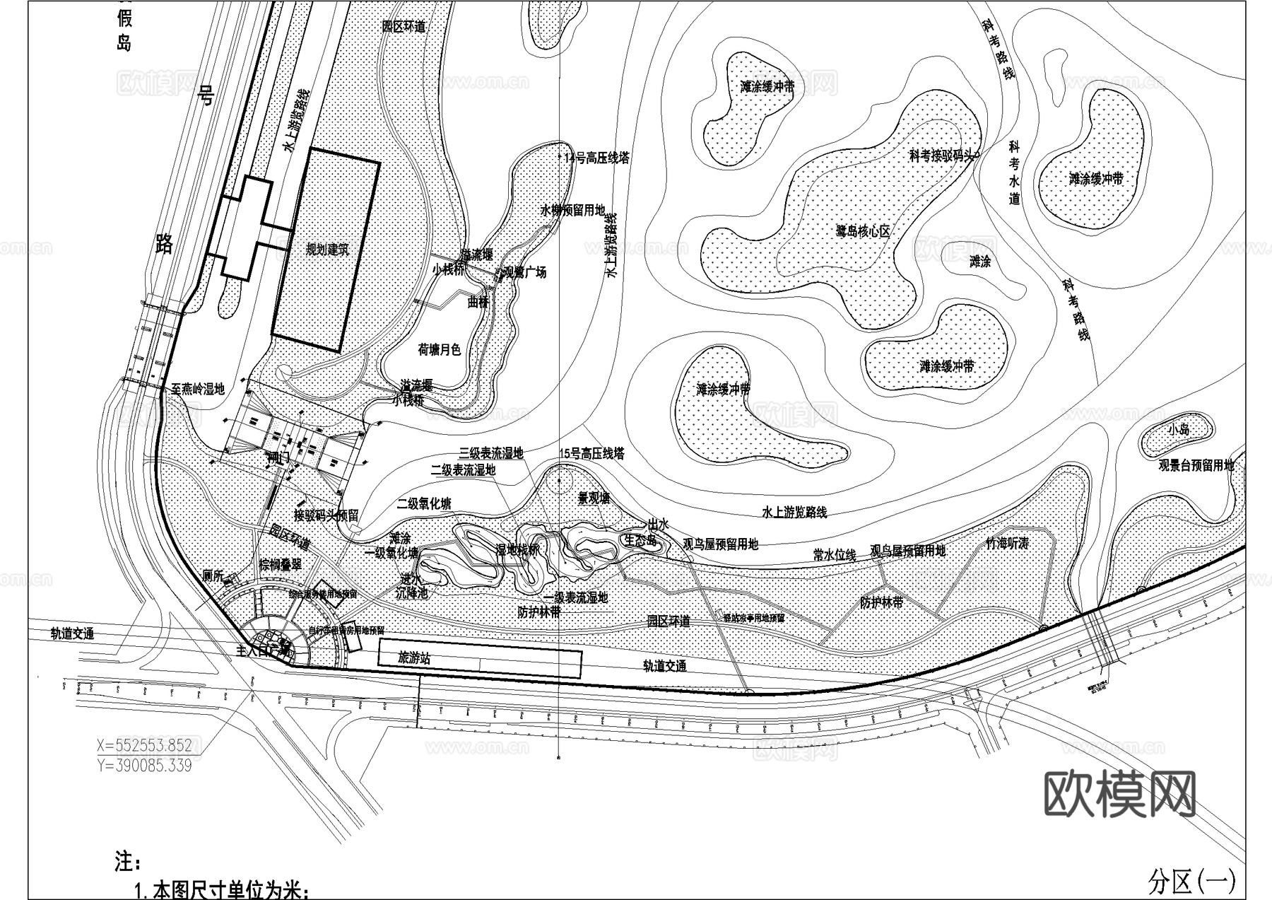 湿地滨水公园规划总平面图 总图竖向游览路线cad施工图