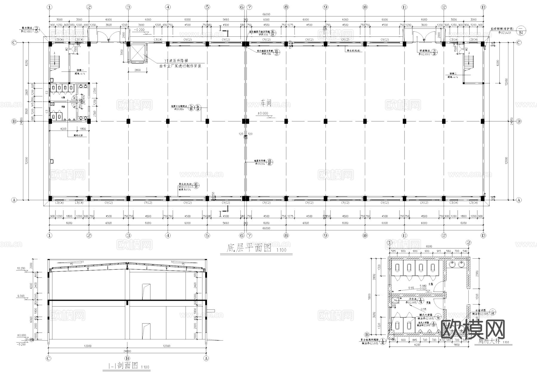 二层车间厂房工业建筑CAD施工图cad施工图