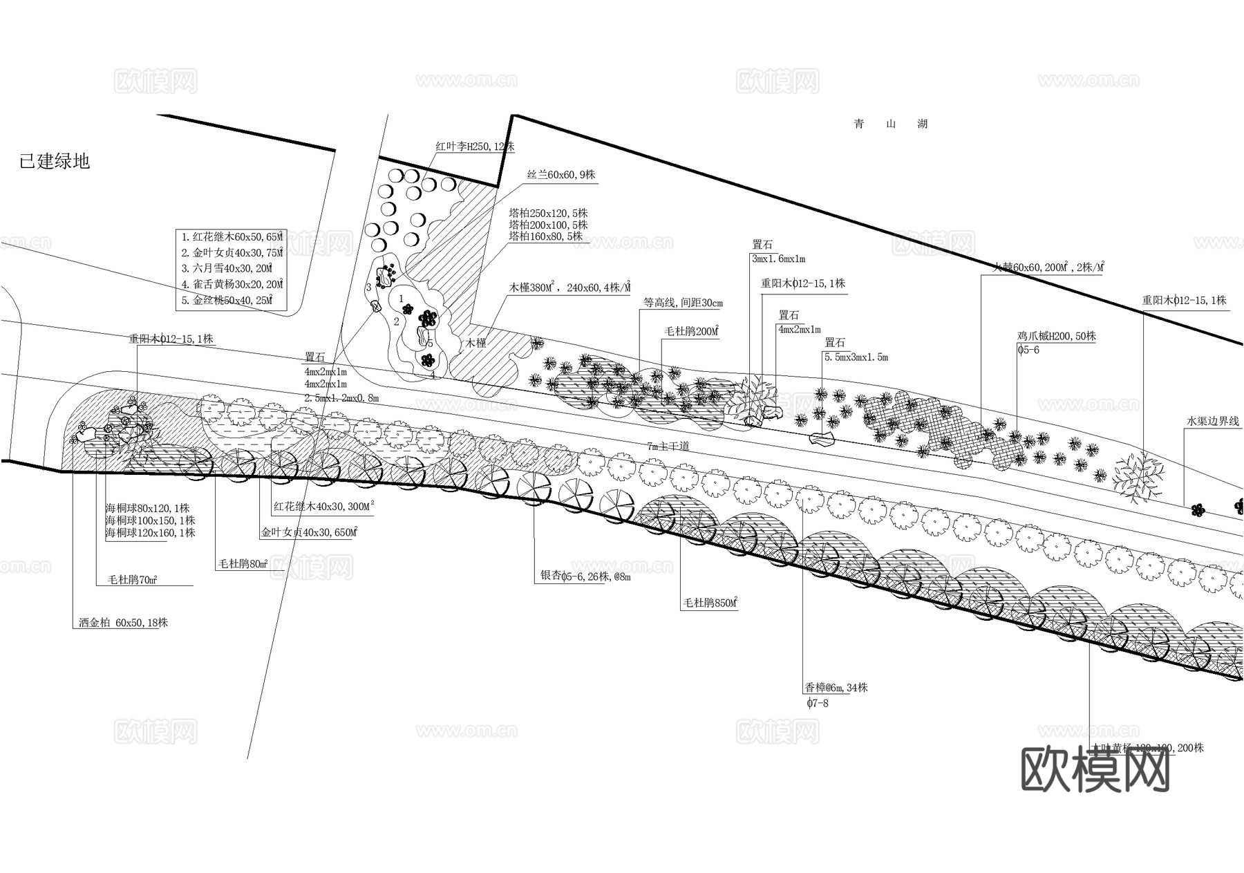 滨水公园规划景观总平面图 植物种植绿化配置 沿江曲线绿道广场cad施工图
