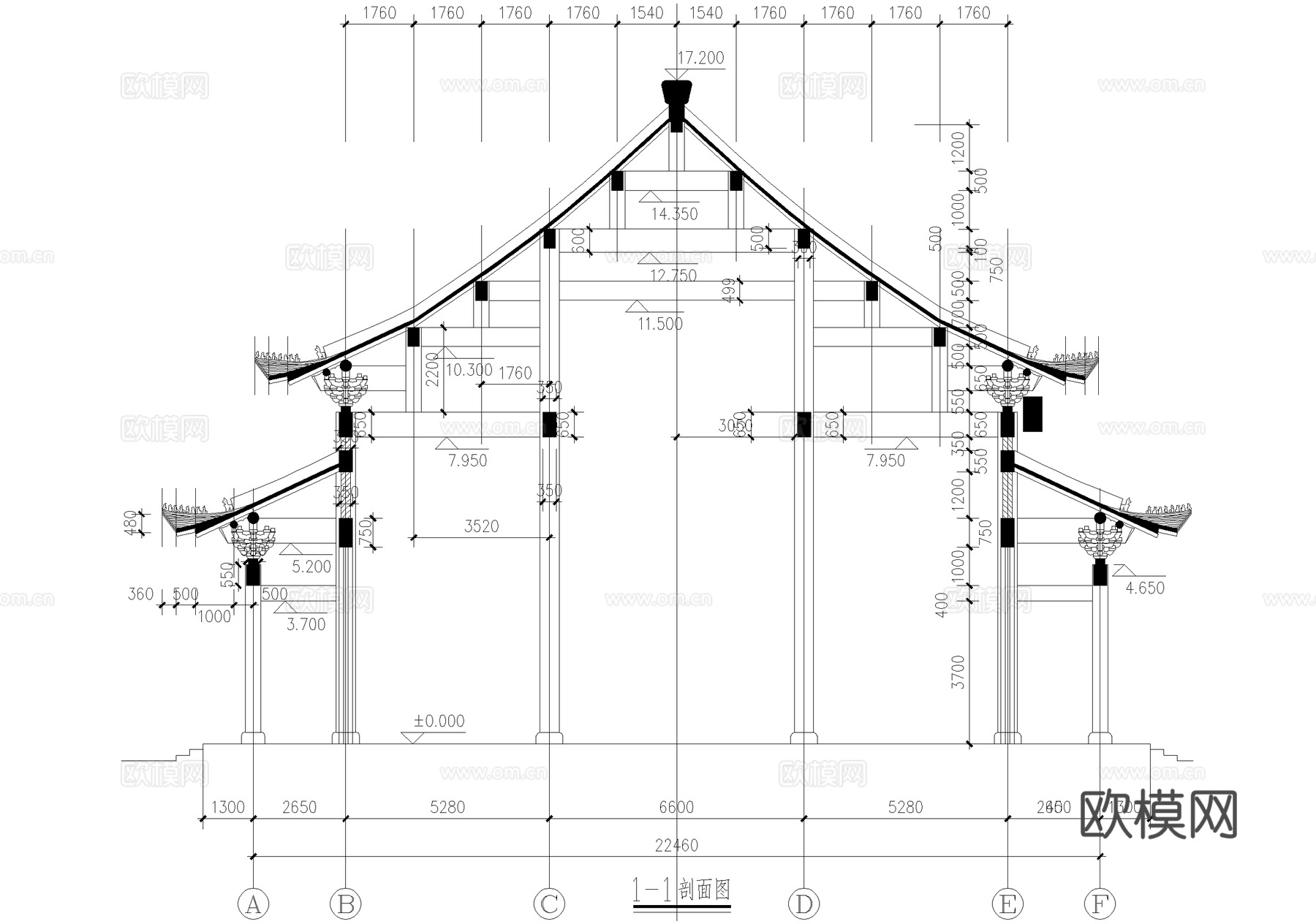 中式寺庙 大雄宝殿建筑结构 重檐歇山顶cad施工图