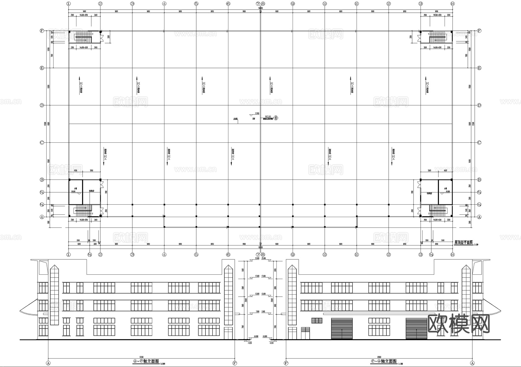 三层生产车间厂房工业建筑cad施工图
