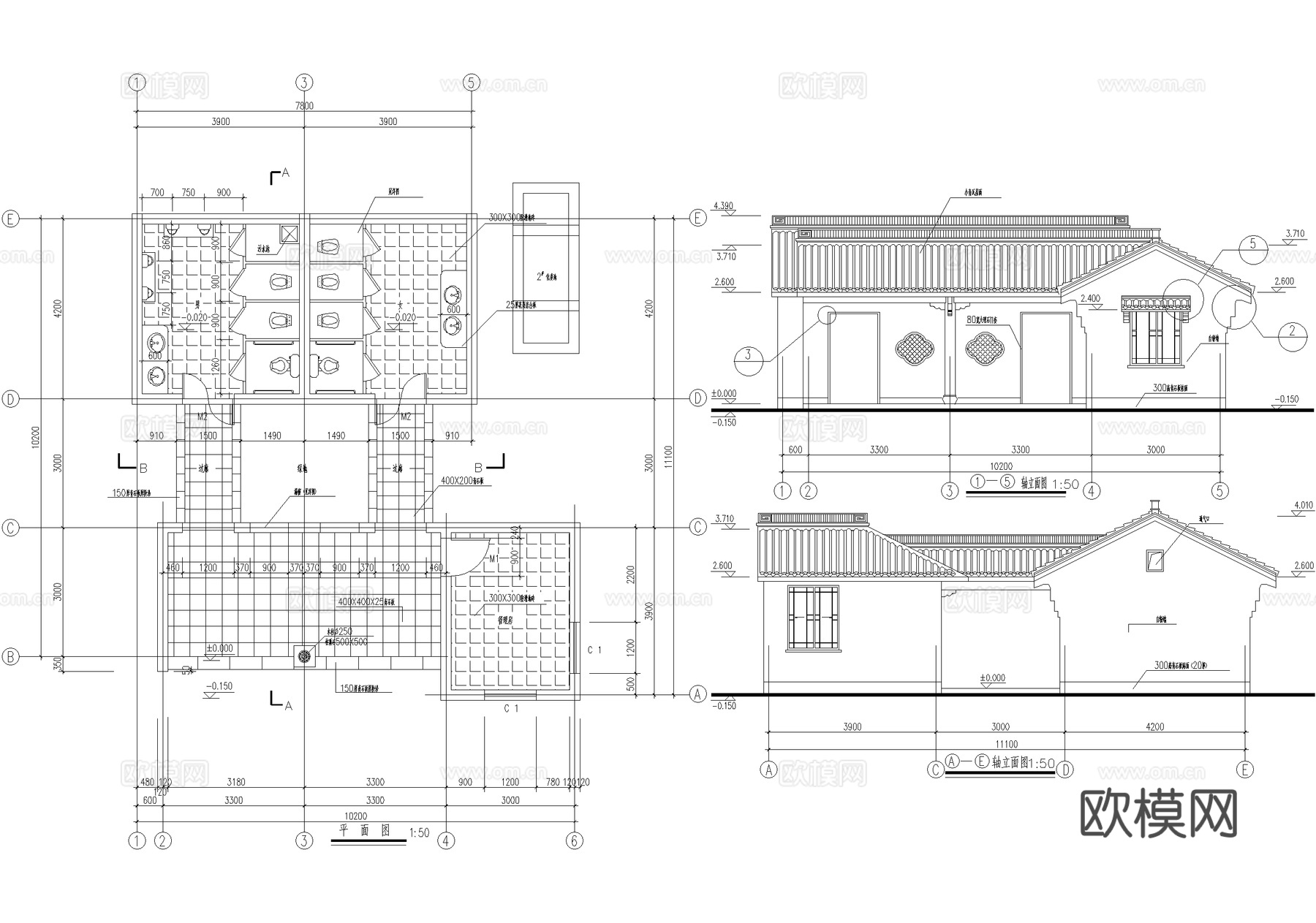 中式公厕 单层公共厕所 仿古建筑 卫生间洗手间 管理房cad施工图