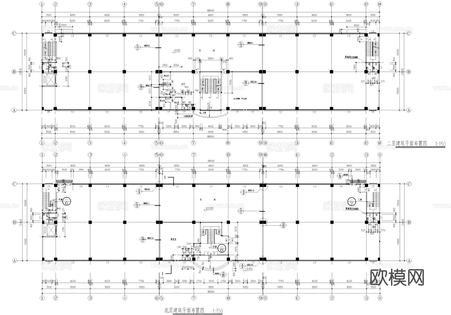 三层车间厂房工业建筑CAD施工图cad施工图