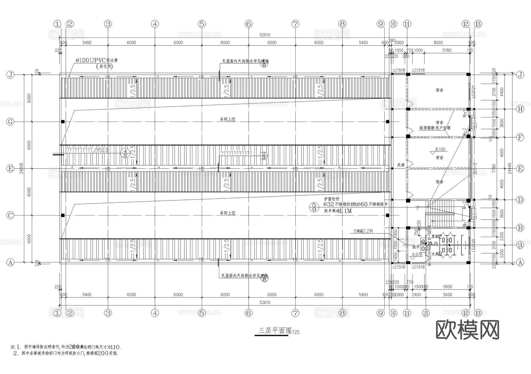 三层生产车间厂房工业建筑CAD施工图cad施工图