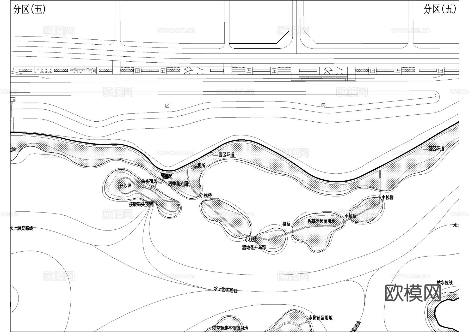 湿地滨水公园规划总平面图 总图竖向游览路线cad施工图