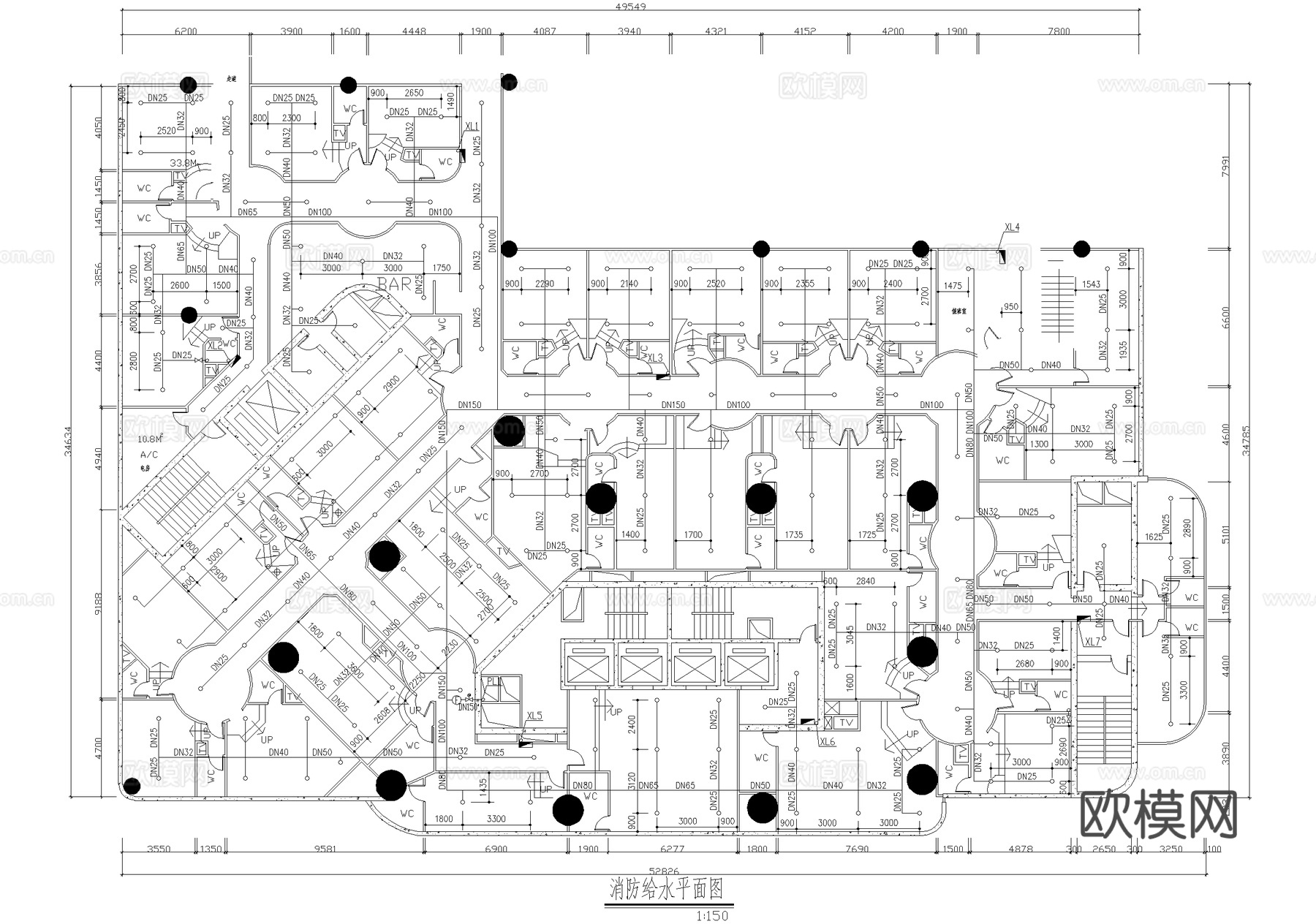 消防给水平面图 机械排烟平面图 喷淋消防图 烟感消防图cad施工图