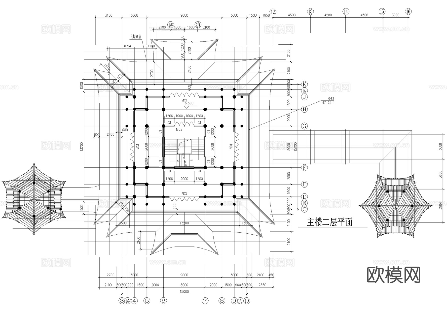 中式仿古建筑 阁楼亭子廊架连廊 三层重檐歇山顶cad施工图