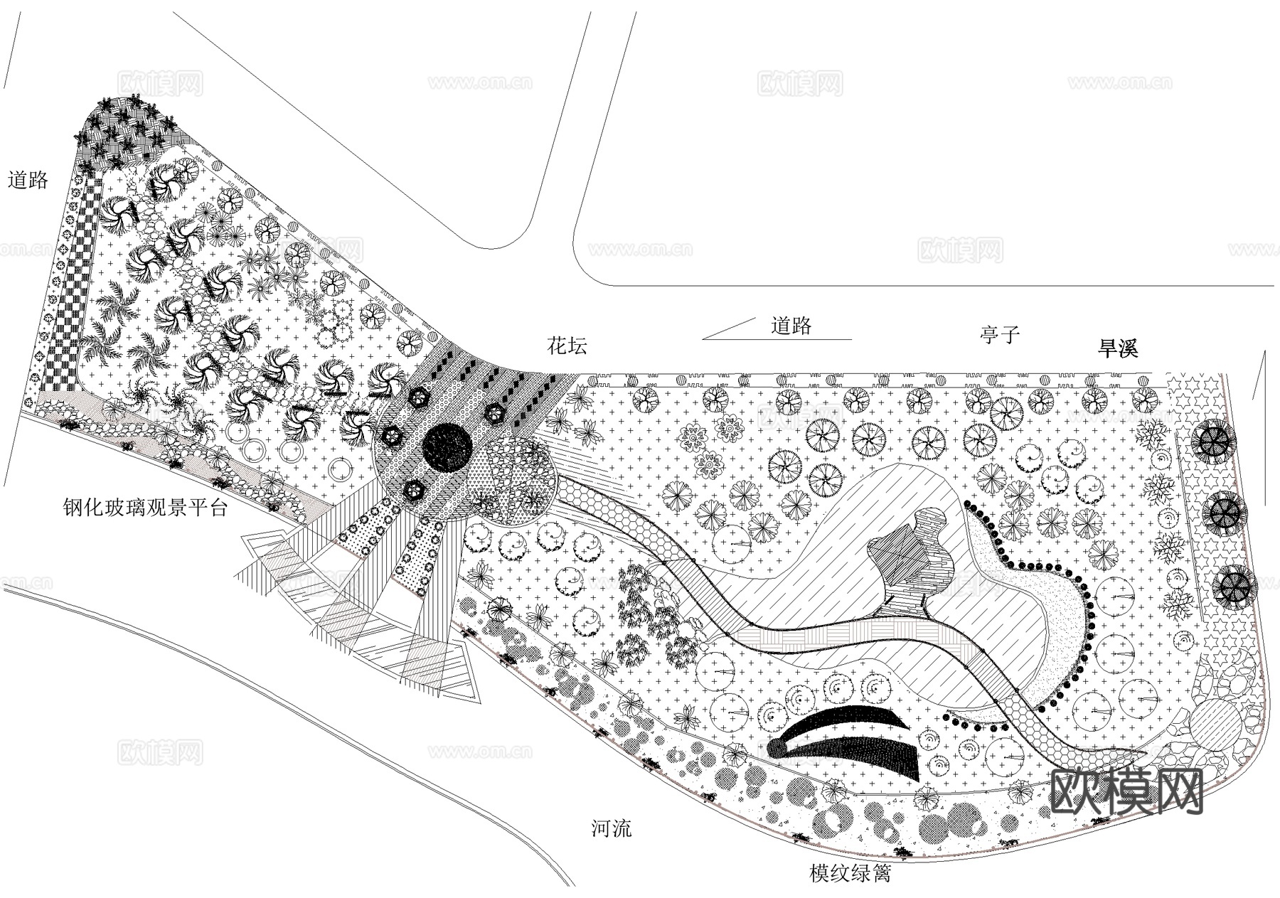 滨水口袋公园 滨江小游园 规划景观总平面图 植物种植绿化配置cad施工图
