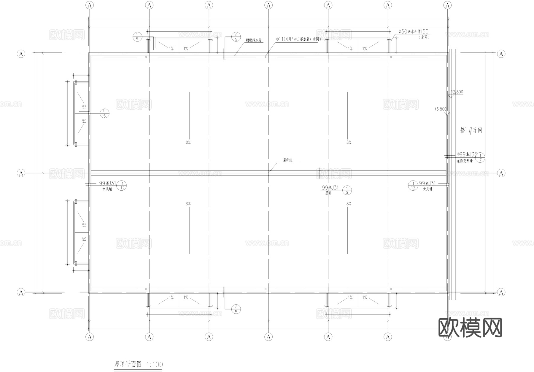 单层框架轻钢屋面厂房车间工业建筑CAD施工图cad施工图