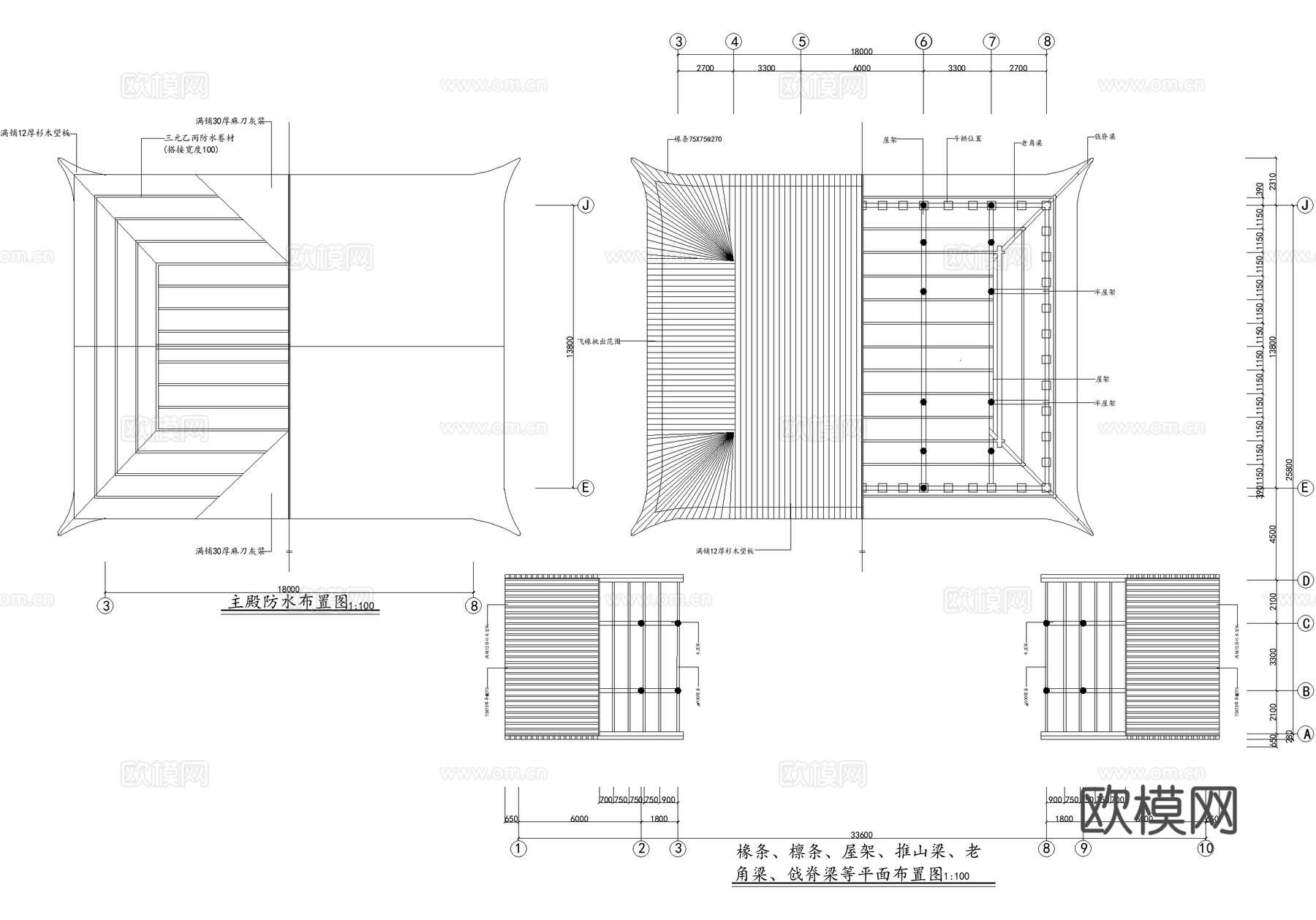 中式寺庙 财神殿主殿厢房 三合院 歇山顶硬山顶cad施工图