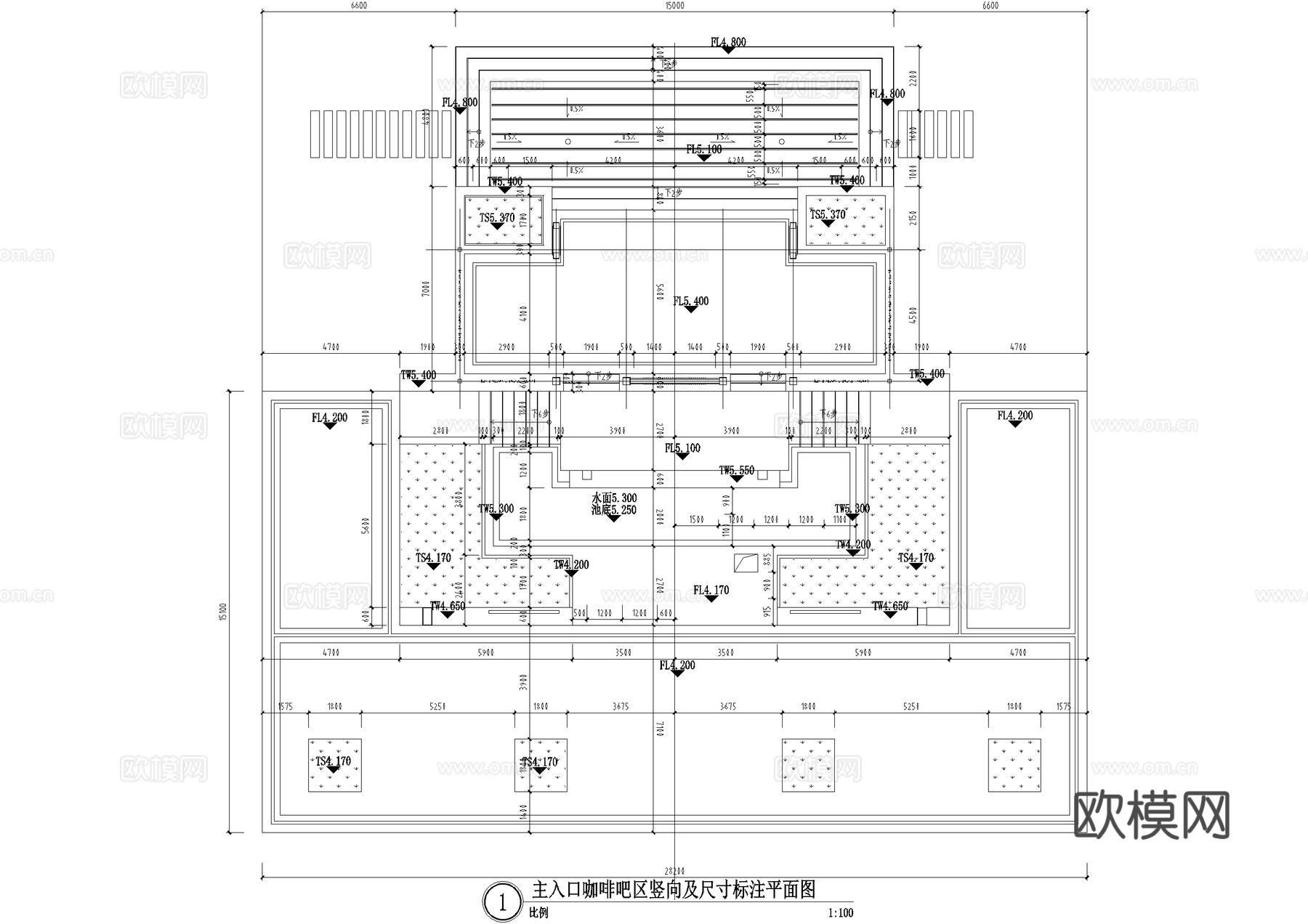 入口水景 喷泉 镜面水景 涌泉跌水叠水 廊架矮墙灯箱台阶cad施工图