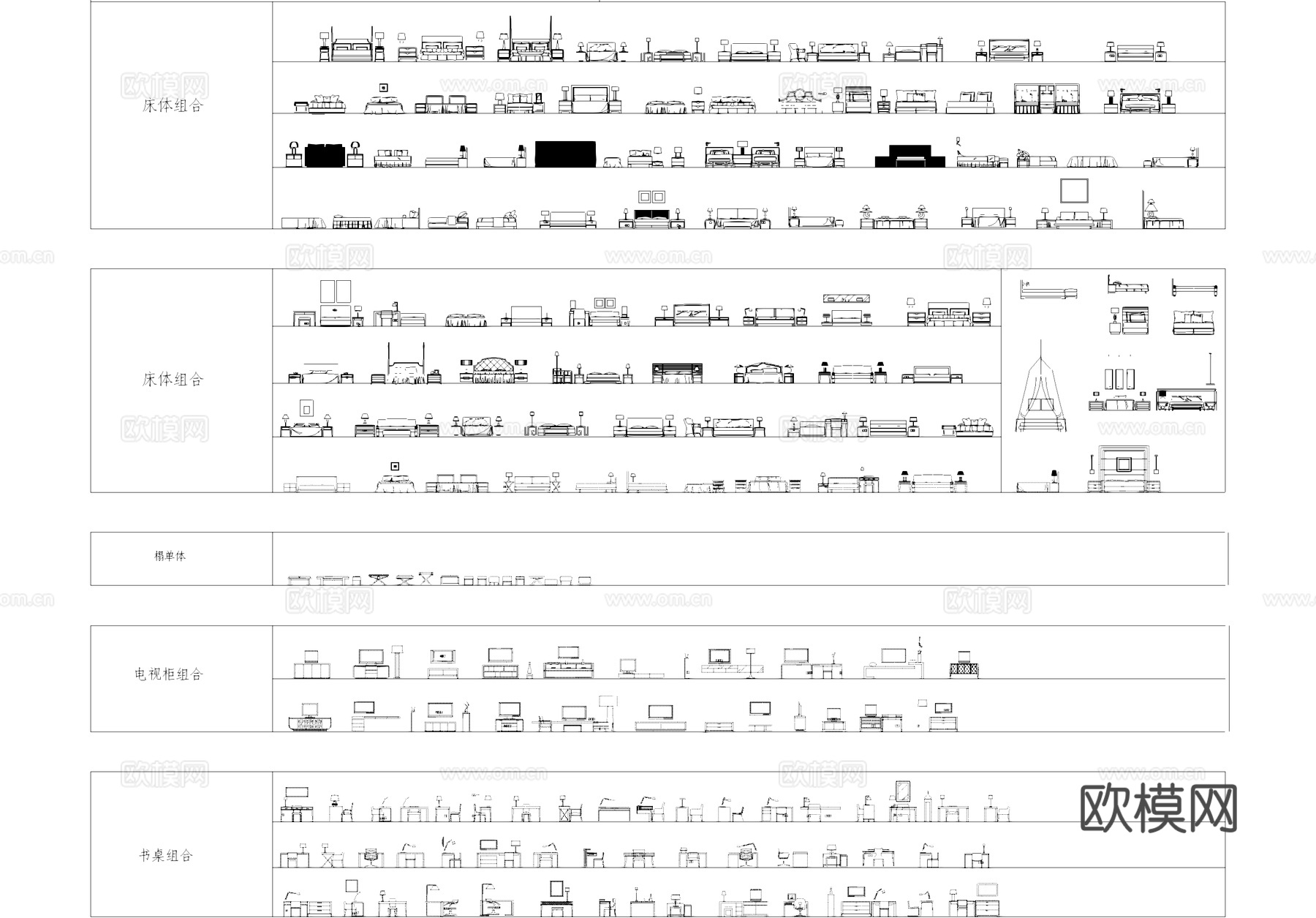 卧室床柜桌椅灯具家装工装立面图库CADcad施工图