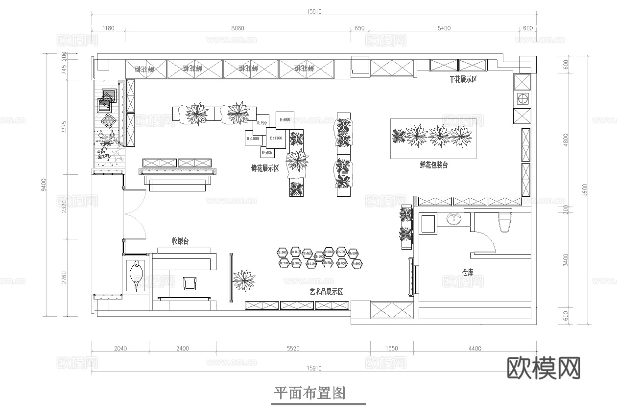 主题花店 最新平面施工图设计cad施工图