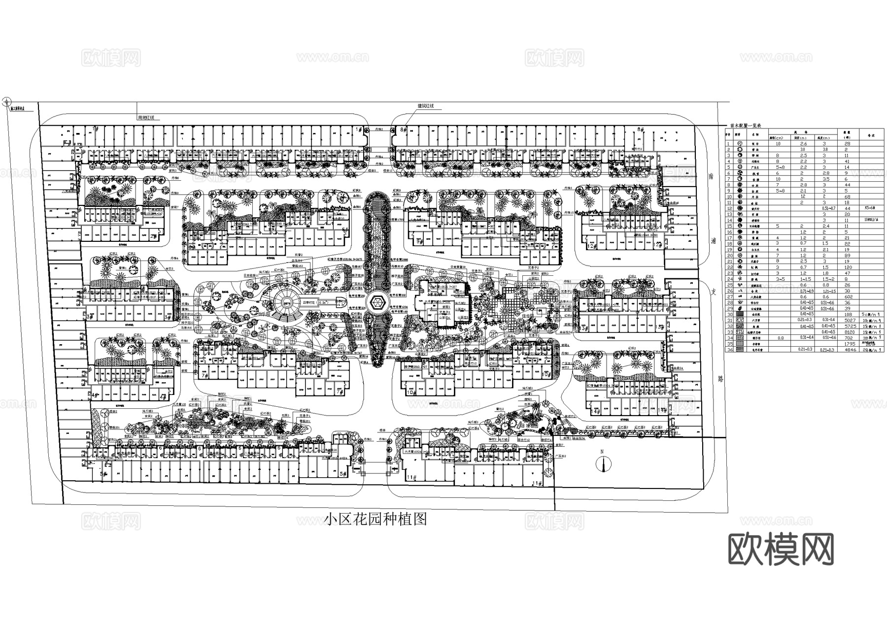 居住区景观植物种植绿化配置小区规划总平面图cad施工图