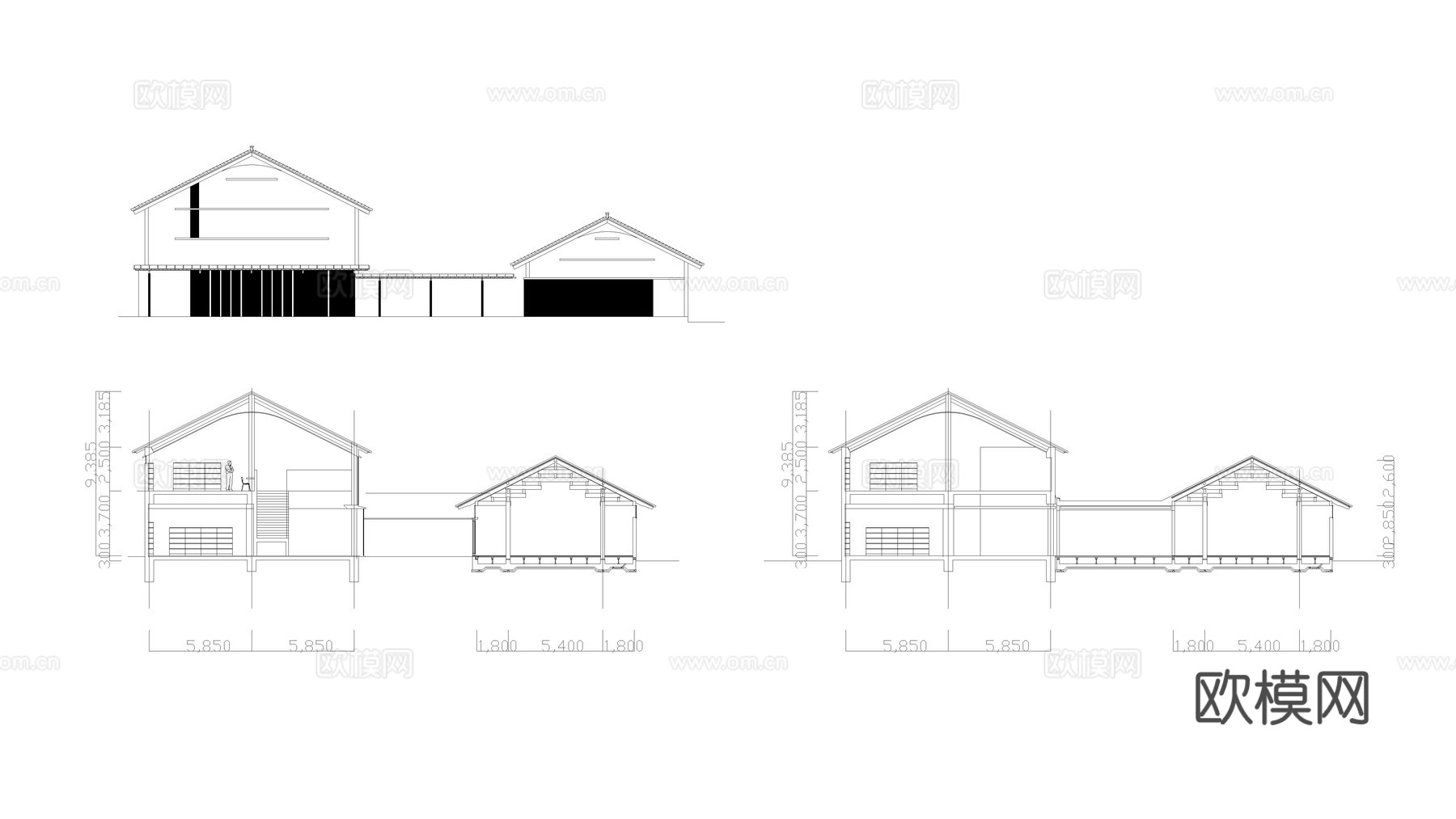 文化馆商业街平面配置图立面剖面图cad施工图