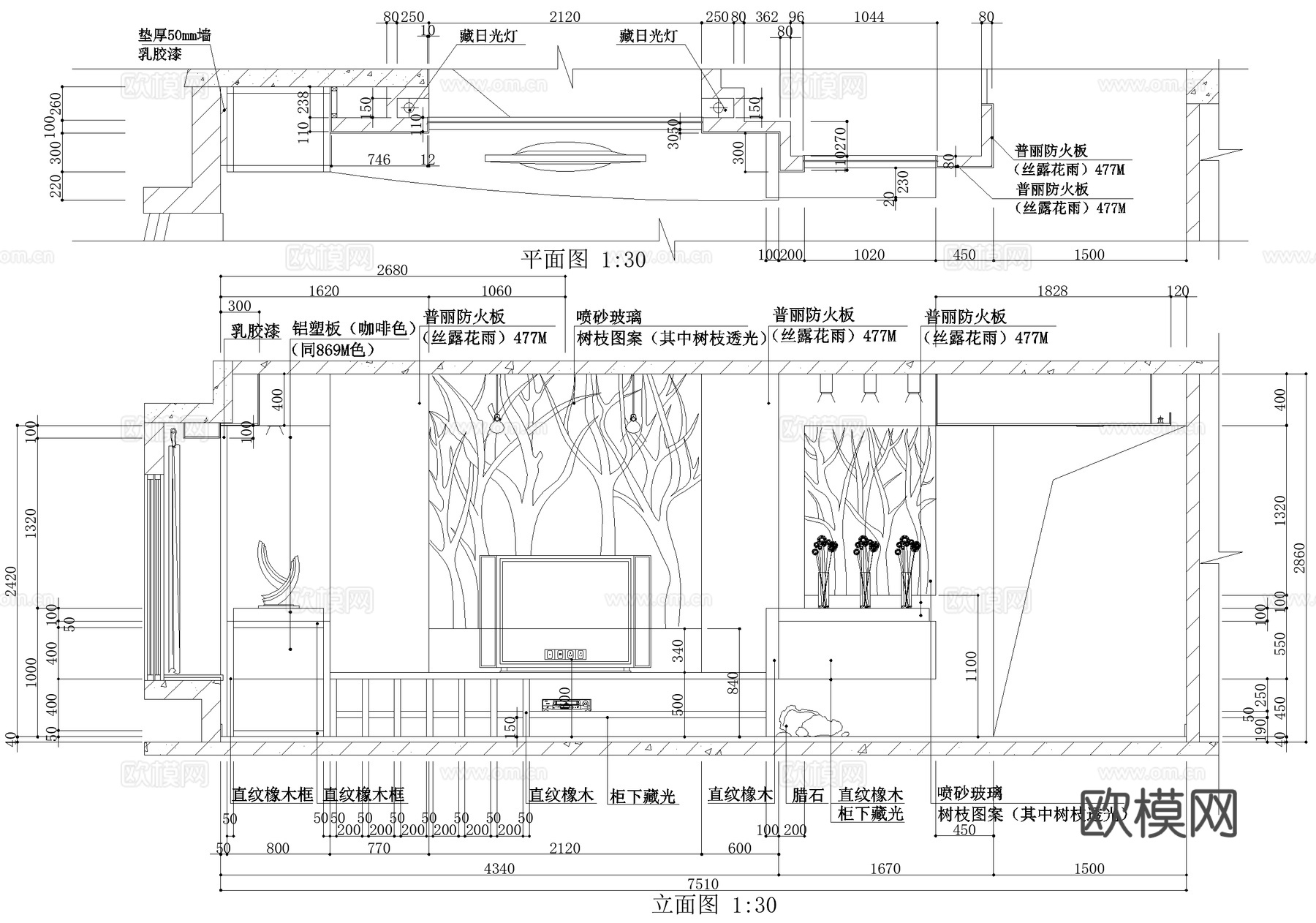 客厅电视背景墙节点cad施工图