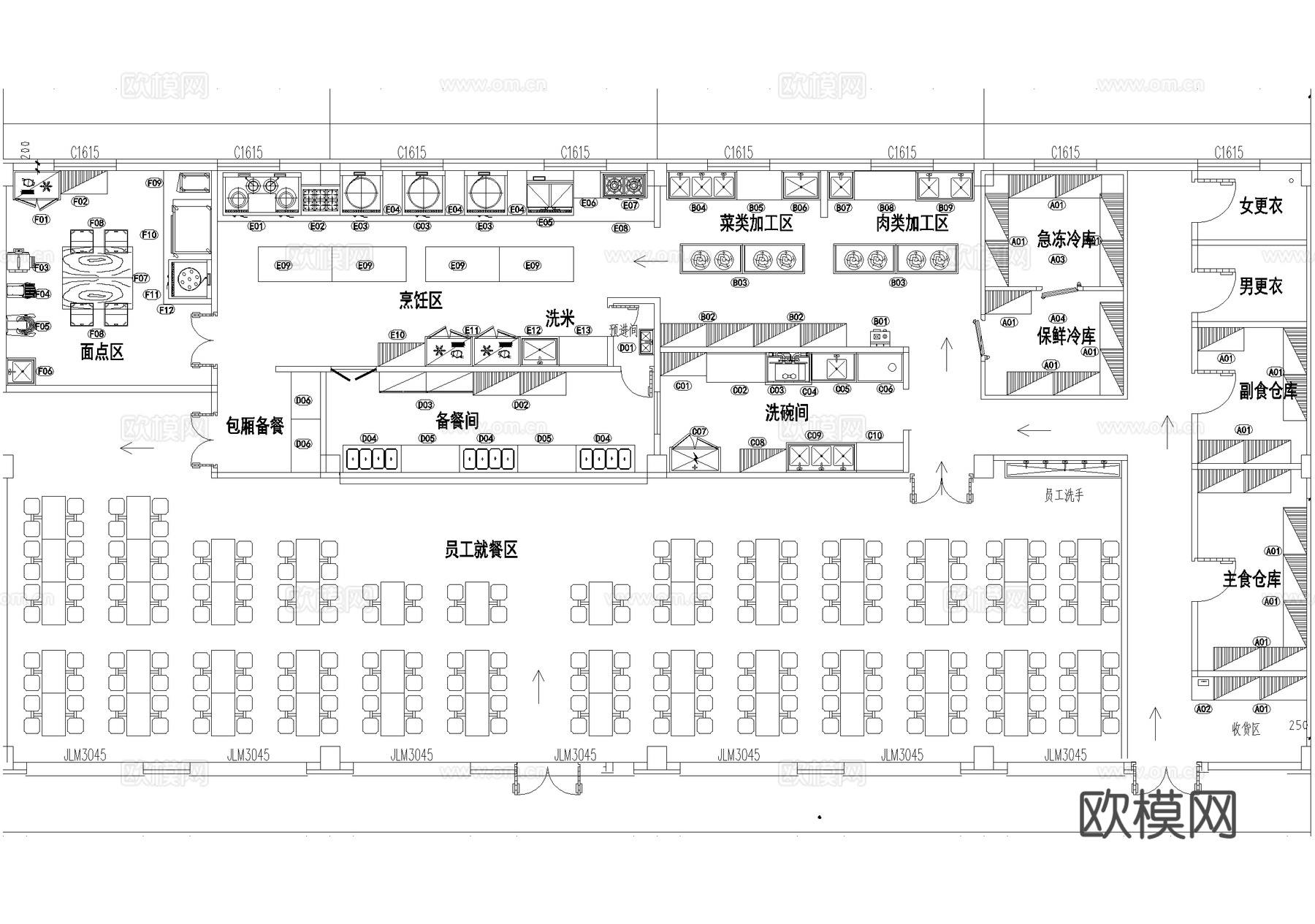 后厨平面图 员工食堂餐厅cad施工图cad施工图