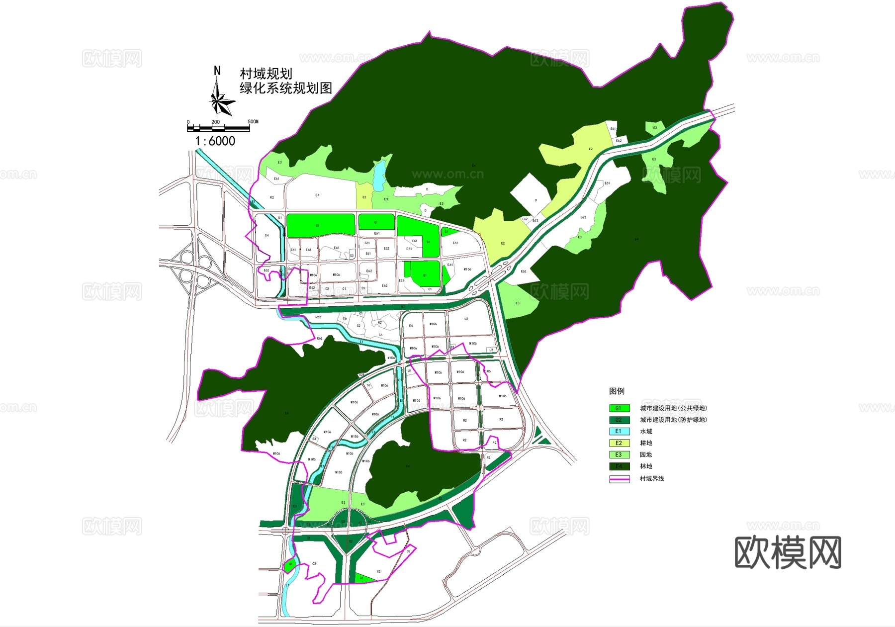 乡村规划平面图 土地利用图 道路系统图 绿化系统图 现状图cad施工图