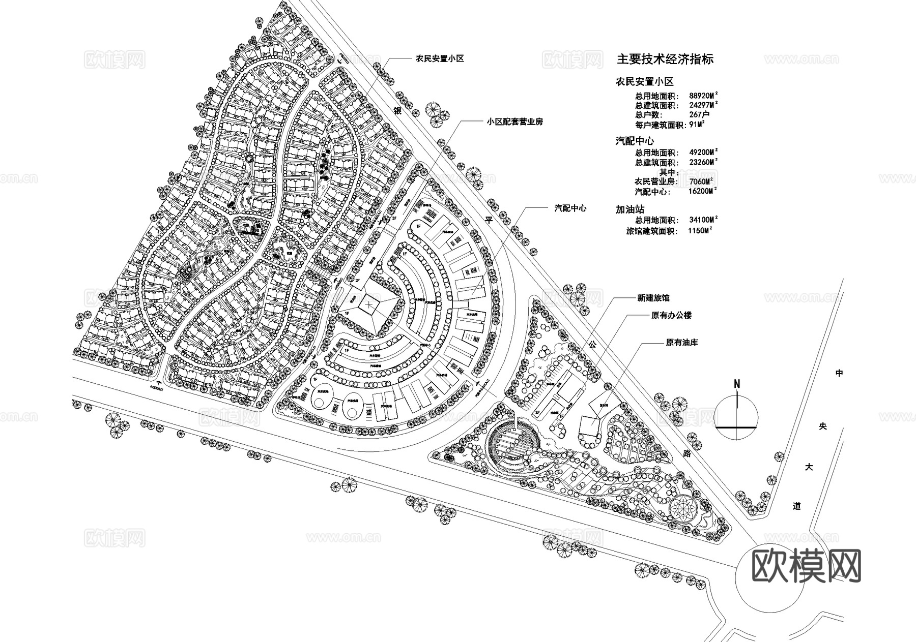 城市规划总平面图 农民安置小区住宅 汽配中心加油站 乡村振兴cad施工图
