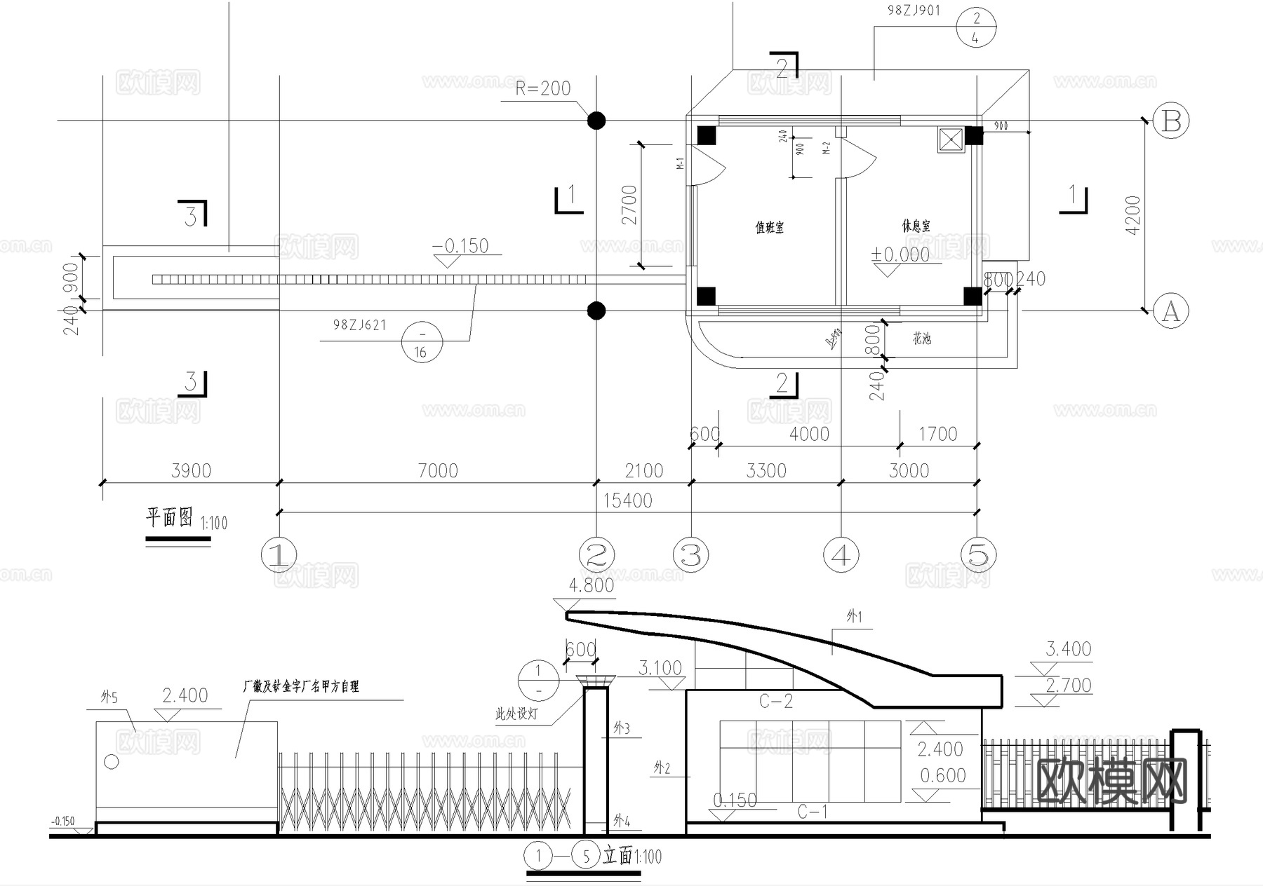 门卫室建筑 入口大门 休息值班室传达室 门房警卫室cad施工图