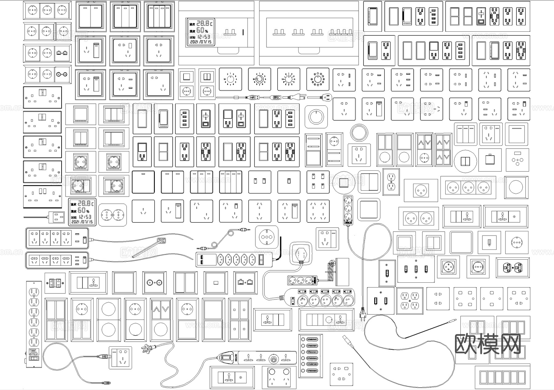 开关插座 智能面板电箱 插板插排插头cad施工图