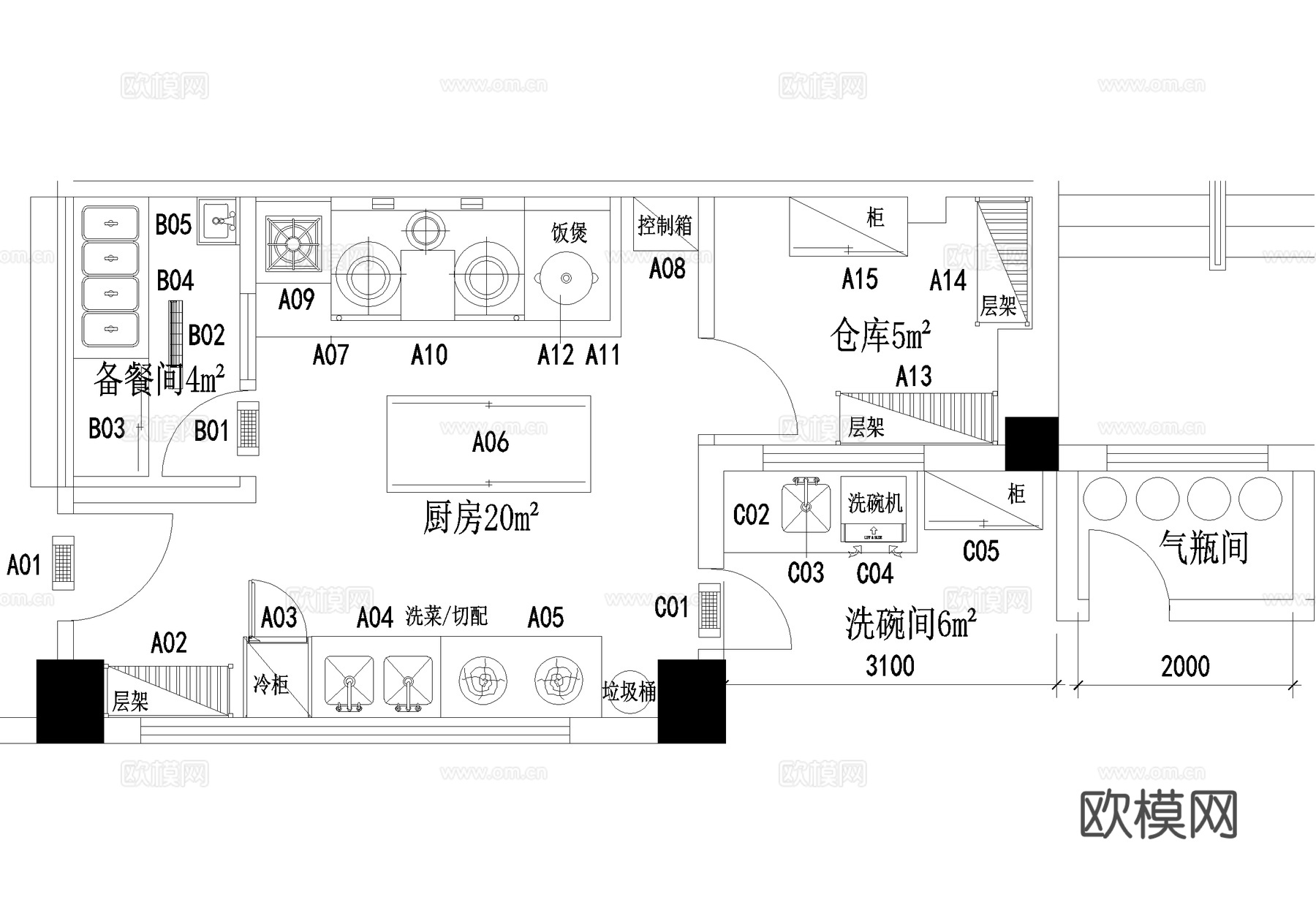 后厨 厨房 设备布局平面图 员工食堂餐厅饭堂cad施工图