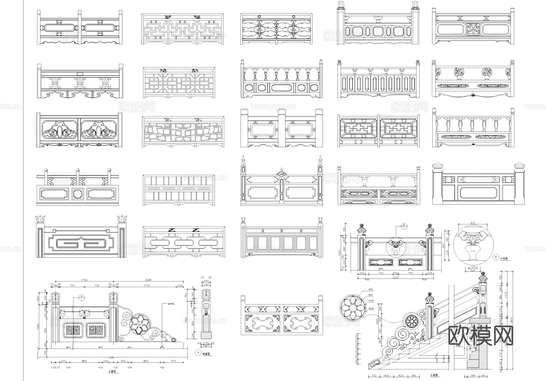 室外中式欧式石材栏杆护栏CAD图库cad施工图