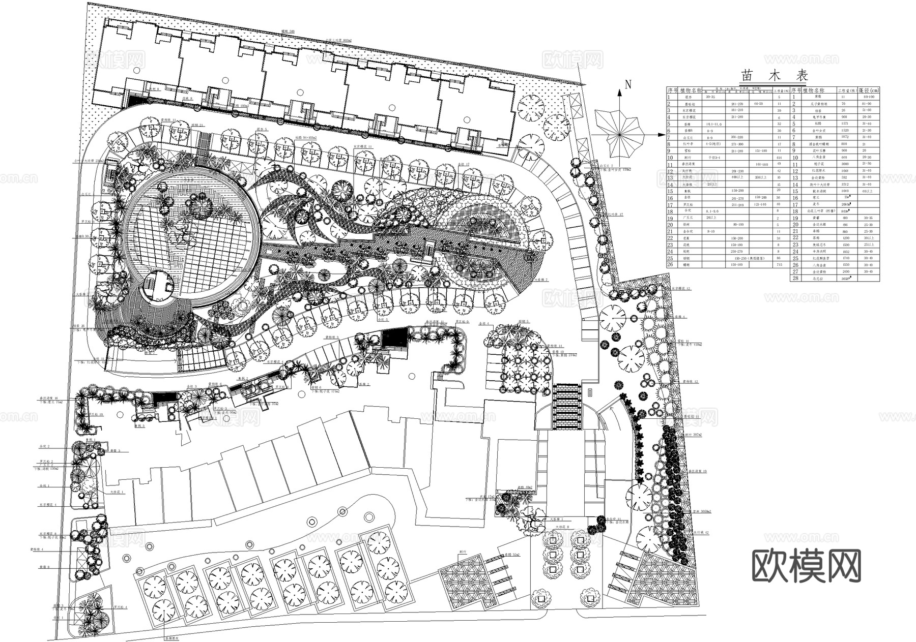 居住区景观植物种植绿化配置小区绿地平面图 苗木表cad施工图