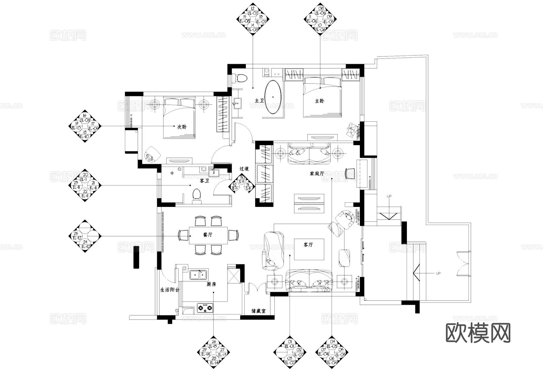 武汉沿海赛洛城住宅室内家装CAD施工图集cad施工图