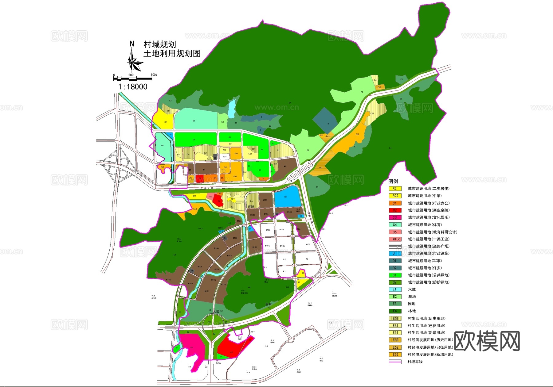 乡村规划平面图 土地利用图 道路系统图 绿化系统图 现状图cad施工图
