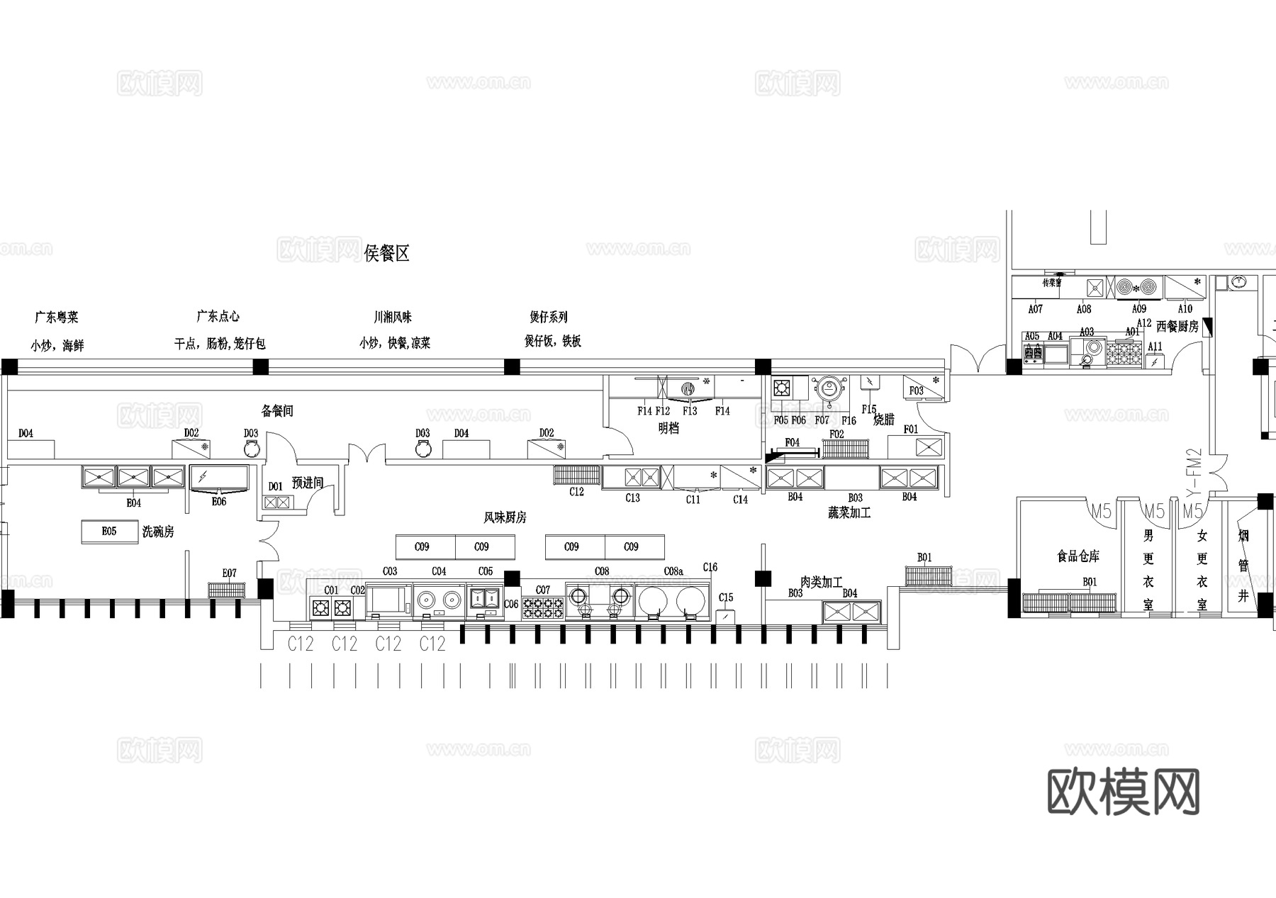 后厨 厨房 设备布局平面图 三层学校食堂餐厅饭堂cad施工图