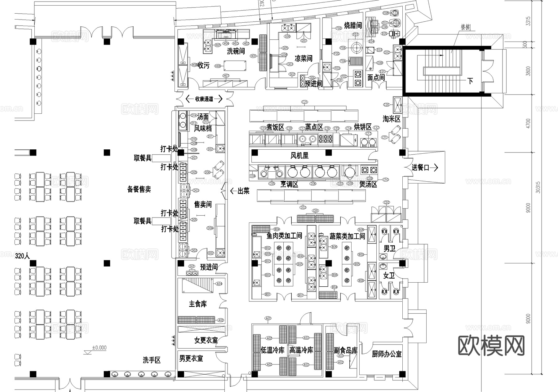 后厨 厨房 设备布局平面图 食堂餐厅饭堂cad施工图