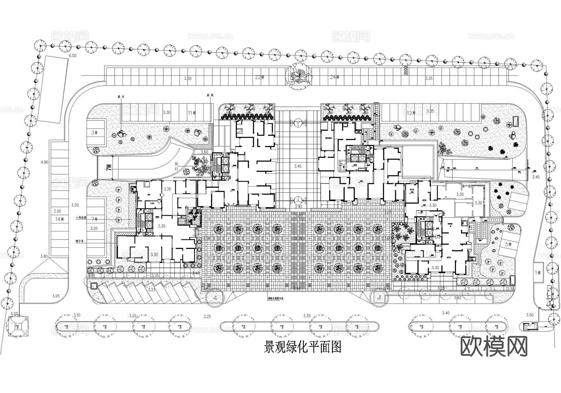 居住区景观小区架空层平面图 植物种植绿化配置 苗木表cad施工图