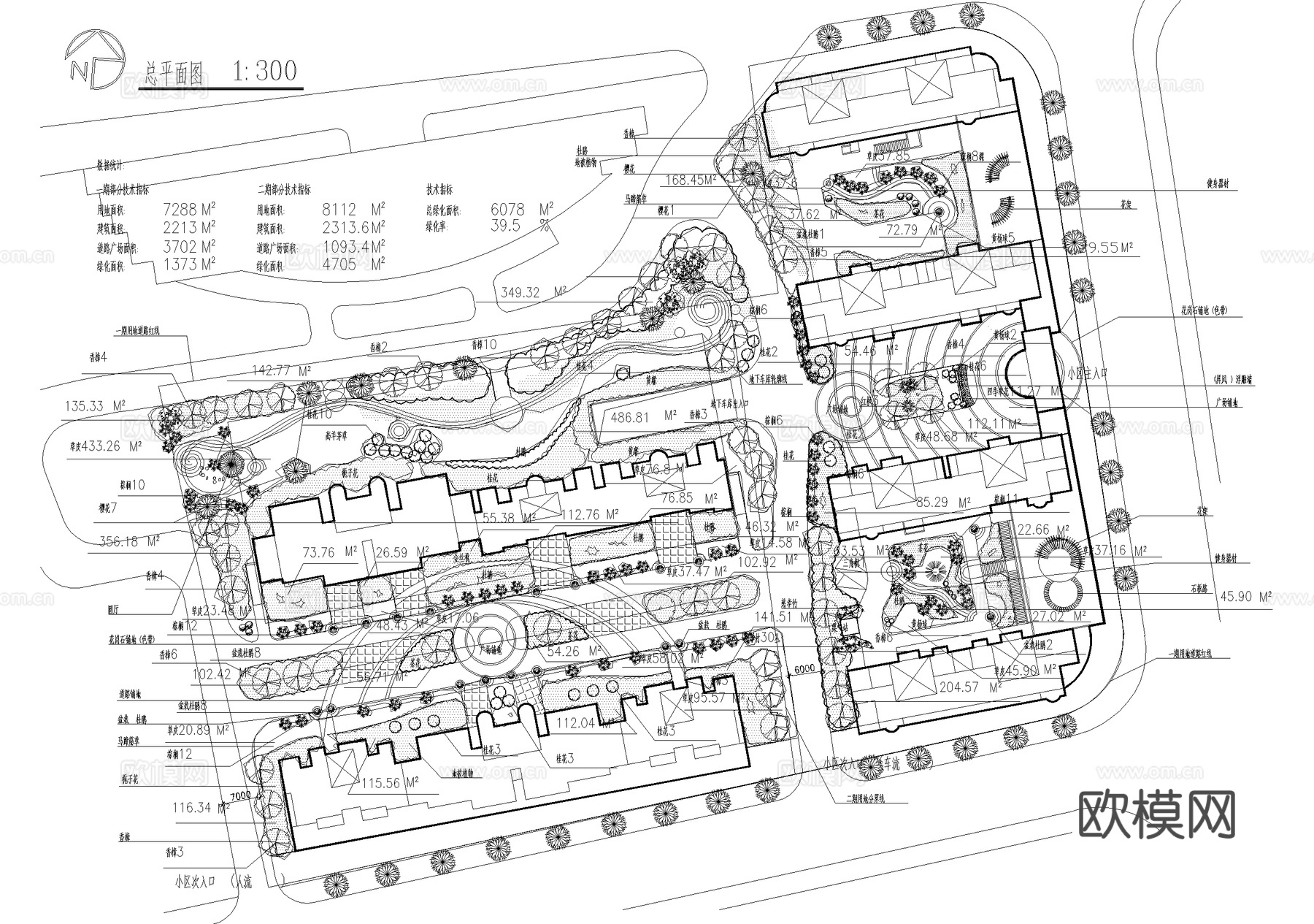 居住区景观植物种植绿化配置小区规划总平面图cad施工图